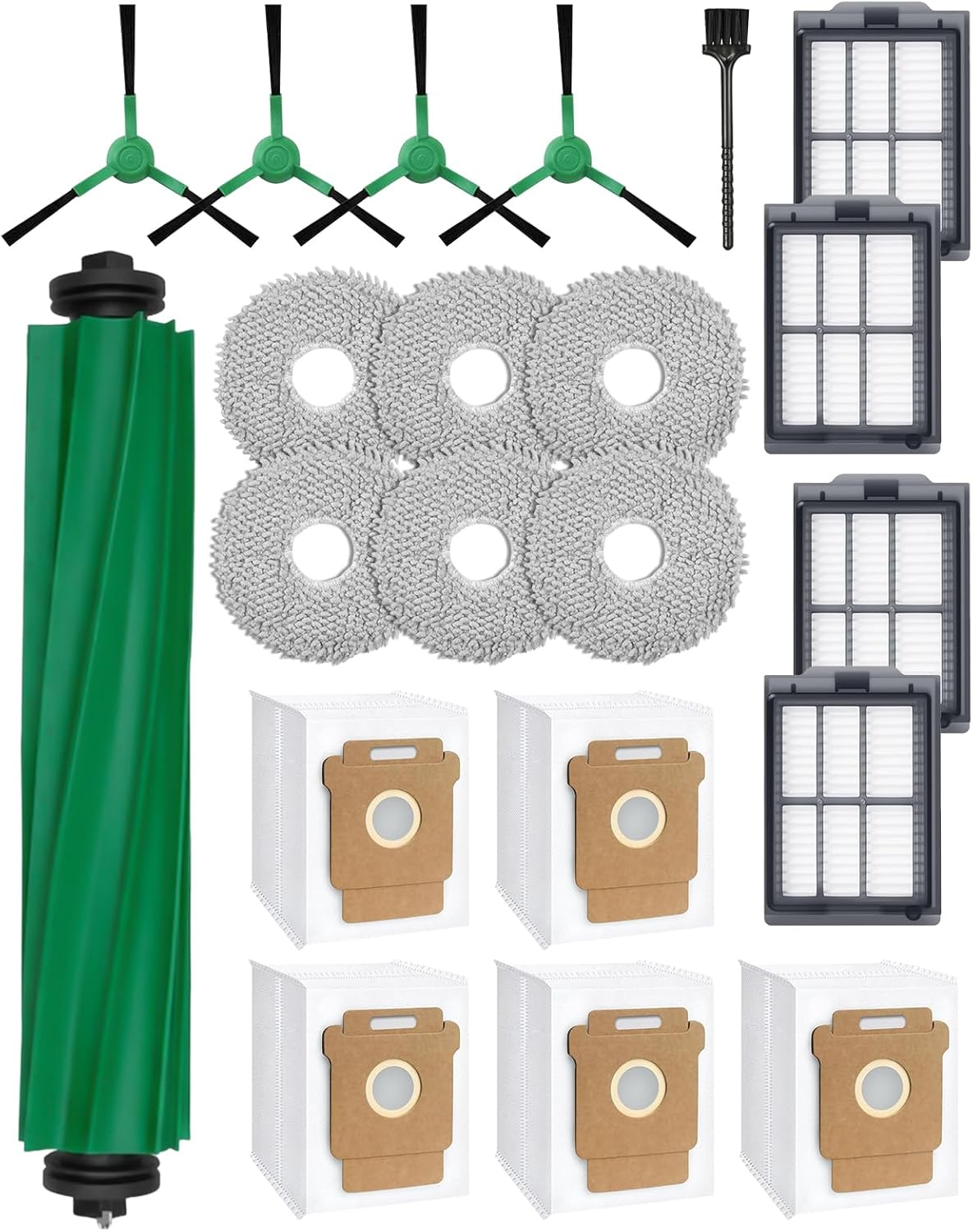 21 Pcs Replacement Parts for iRobot Roomba Plus 405/505/507 Combo Robot Vacuum Cleaner: 1 Main Brush, 4 Side Brushes, 4 HEPA Filters, 5 Dust Bags, 6 Mop Pads, 1 Cleaning Brush