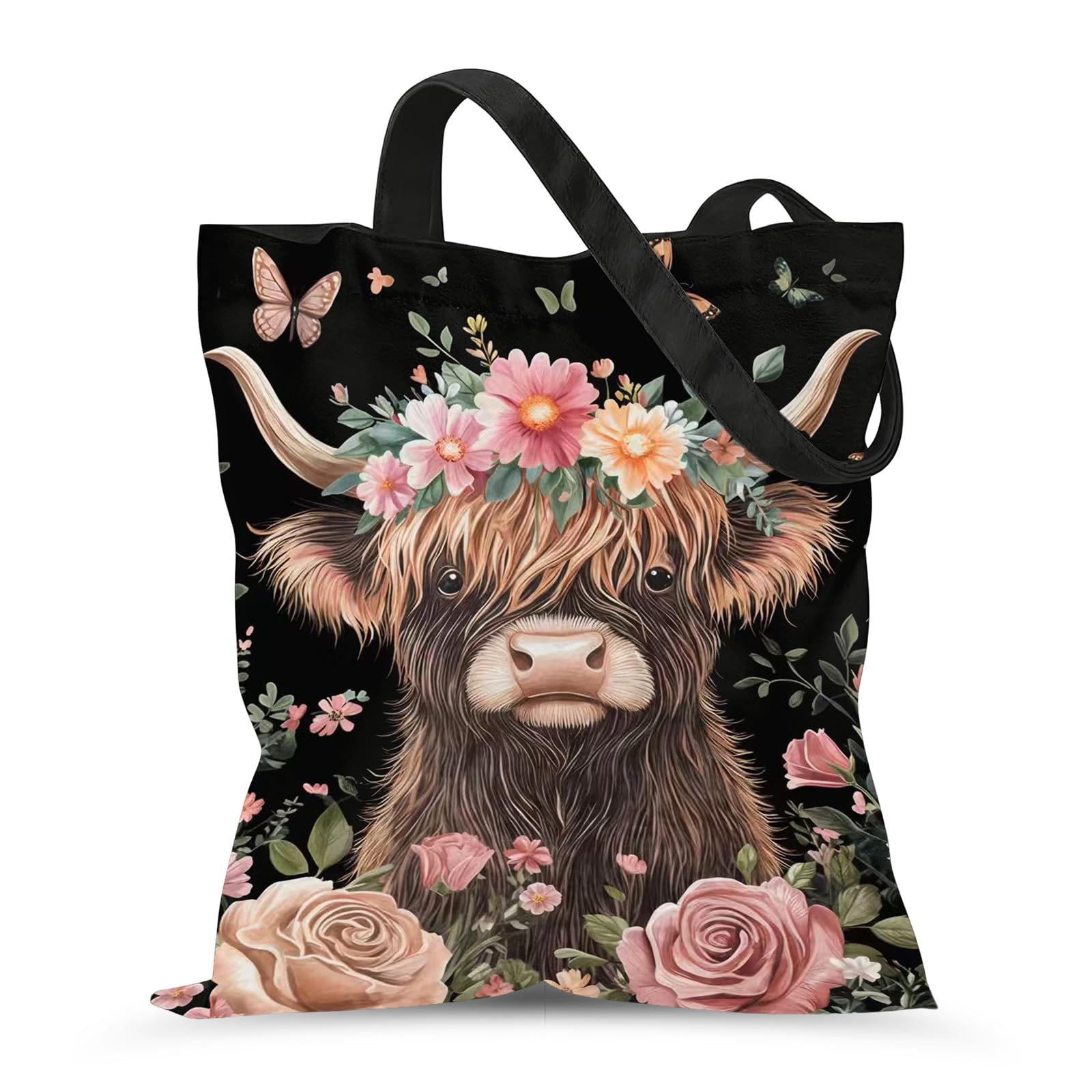 VOYANTE Highland Cow Tote Bag Black, Durable Highland Cows Bag, Double-Sided Printed Reusable Shopping Bag, Highland Cow Gifts for Women Girls Men Shopping, Grocery Runs, School & Daily Errands