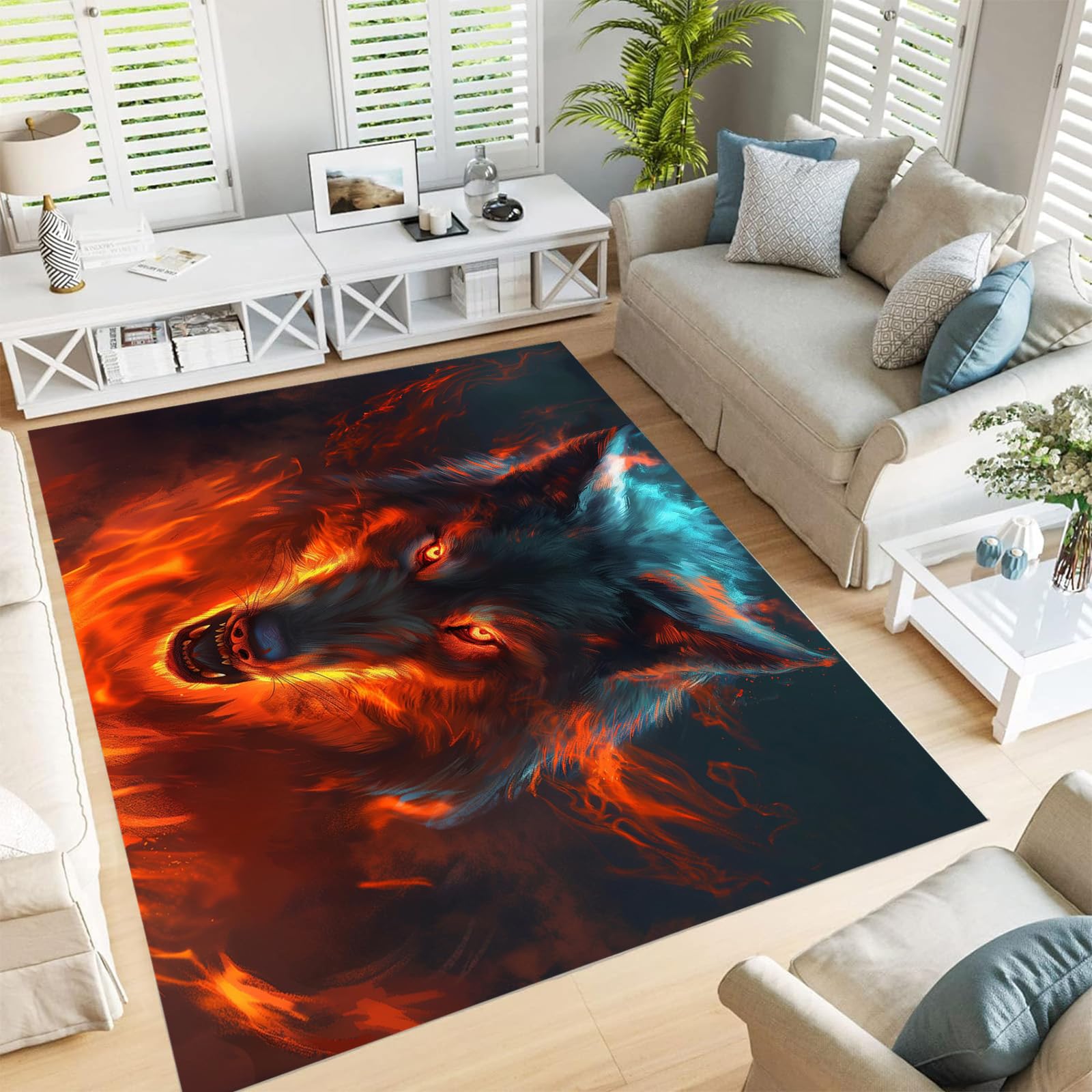 Tapis extérieur terrasse grand loup rouge lavable et antidérapant 160x230 pour salon cuisine