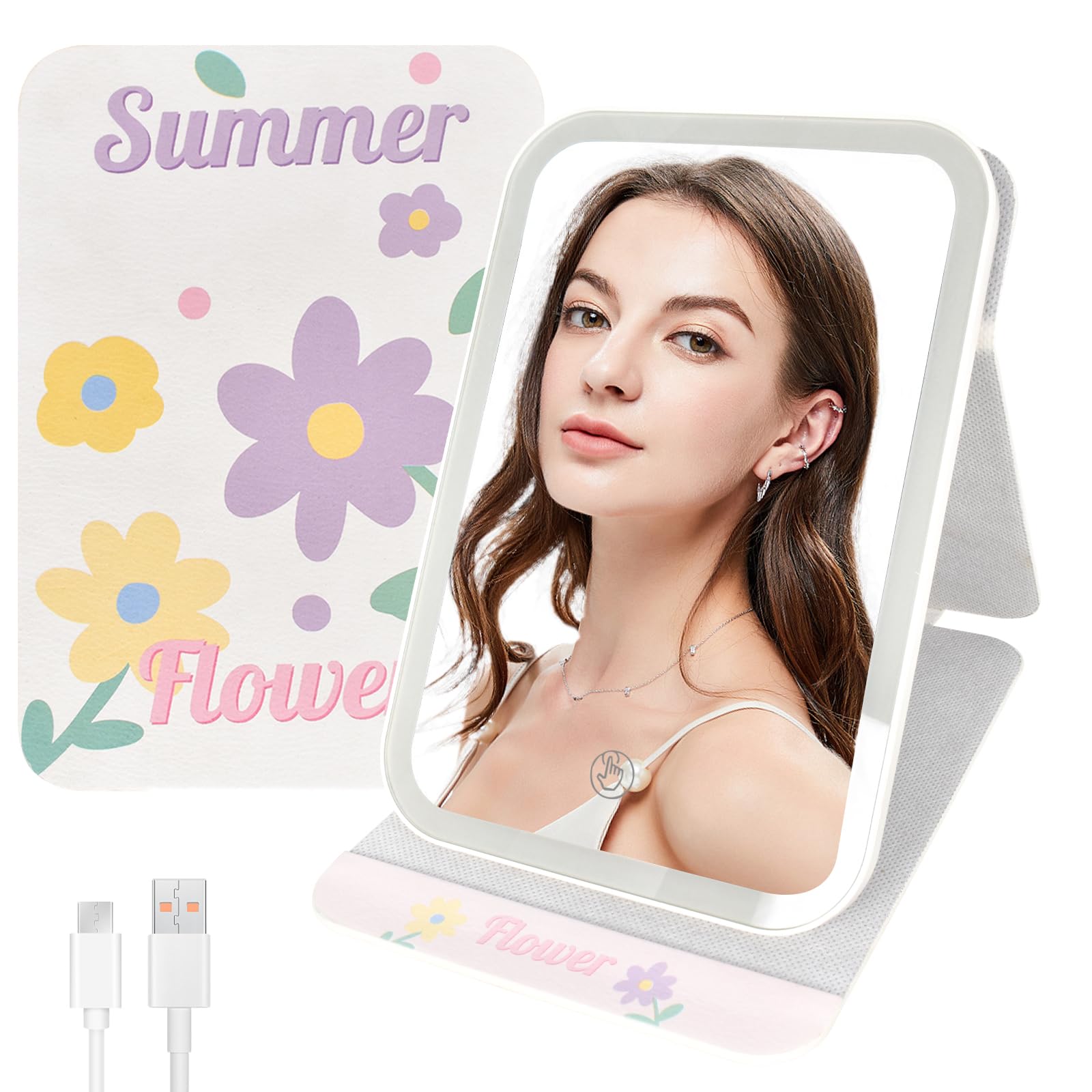 Espejo Maquillaje con Luz Recargable, Tocador Viaje Portátil Luz Ajustable, Iluminación de 3 Colores, Pantalla Táctil, Espejo Cosmético de Mesa Espejo Plegable para Tocador Viaje (Flor)