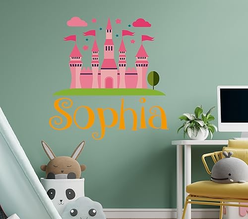 Miniatura 6 de Calcomanía de pared de castillo con nombre personalizado para niñas, mural de pared de castillo de princesa, calcomanía de pared para decoración del