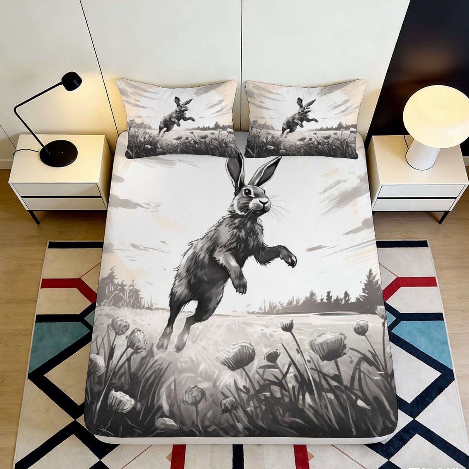 3D Printed Rabbit Meadow Fitted Sheet Microfiber Deep Pocket Non-Slip Bedding Rabbit Mattress Fitted Cover All Ages Washable 140x200x25cm