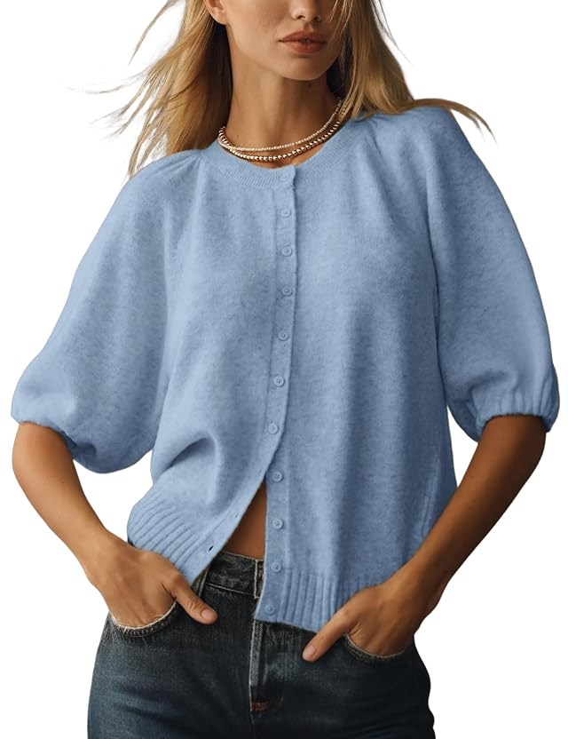 Womens Casual Short Puff Sleeves Crewneck Cardigan Button Down Knit Sweater Open Front Jumper