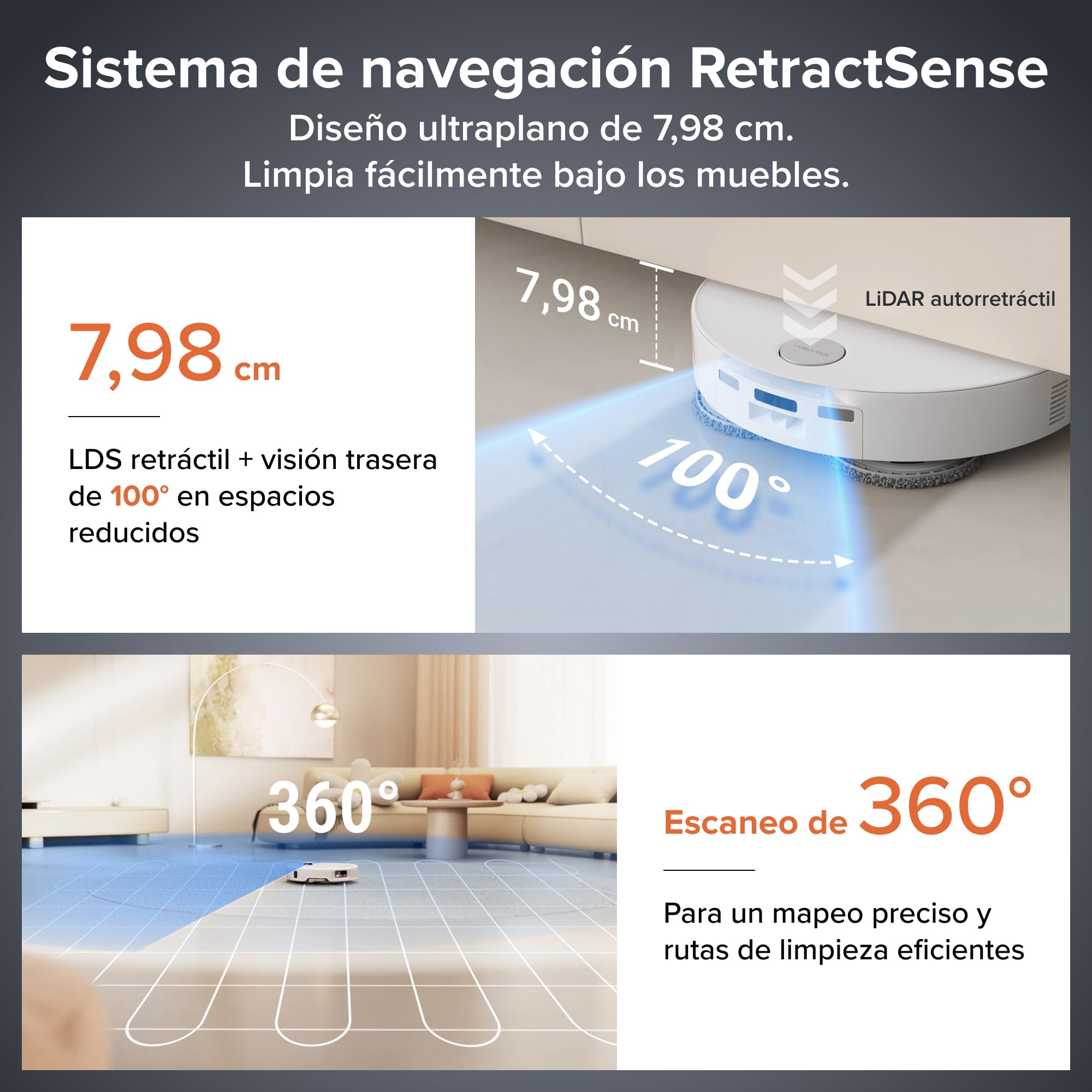 roborock Qrevo EdgeT Robot Aspirador Succión 18500 Pa, con FlexiArm | Sistema Doble Desenredos, 7,98 cm Ultrafino, Base Multifuncional 3.0 Lavar Mopa con Agua Caliente, Controlado por App y Voz