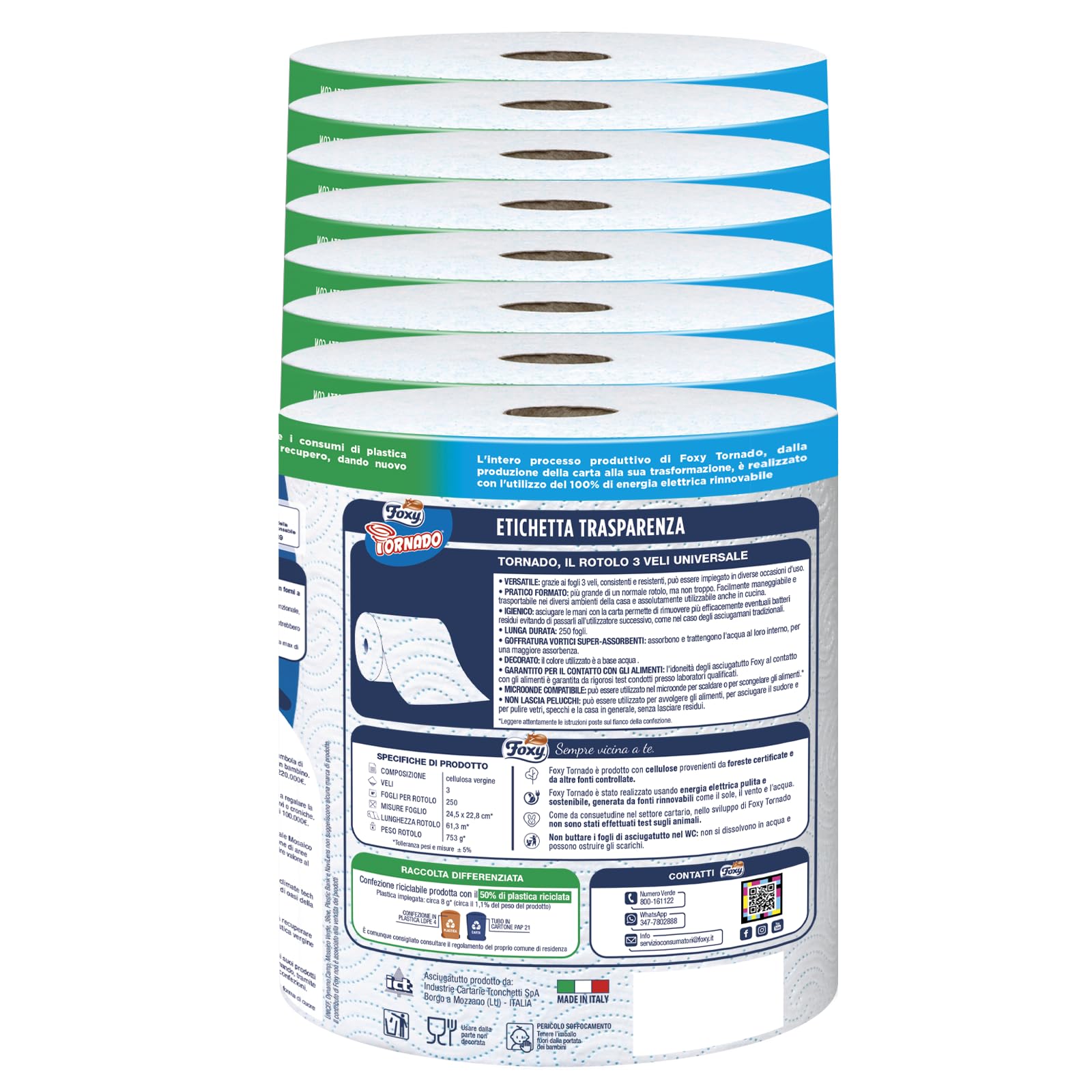 Foxy Tornado| Asciugatutto universale 8 pz, 250 strappi per rotolo a 3 veli | Carta 100% certificata FSC® | Confezione 100% riciclabile