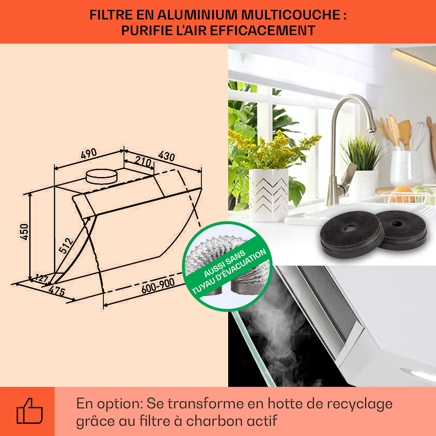 Klarstein Hotte Aspirante 60cm, Hottes de Cuisine Inclinées, Filtre de Hotte en Aluminium, Débit d'Air Puissant 641m³/h, LED, Ecran Tactile, Extracteur d'Air Silencieux, Efficace avec Evacuation