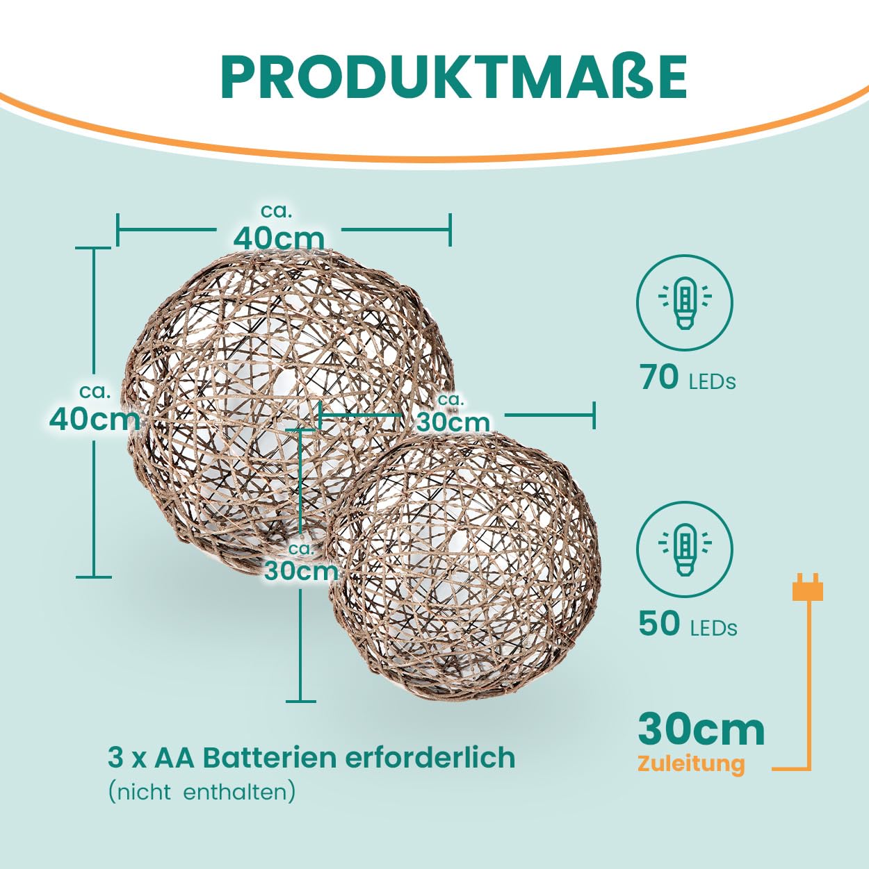 Gartenpirat Set di sfere decorative effetto rattan, Ø 30 cm e Ø 40 cm, luce bianca calda, filo di rame, con funzione timer per interni ed esterni