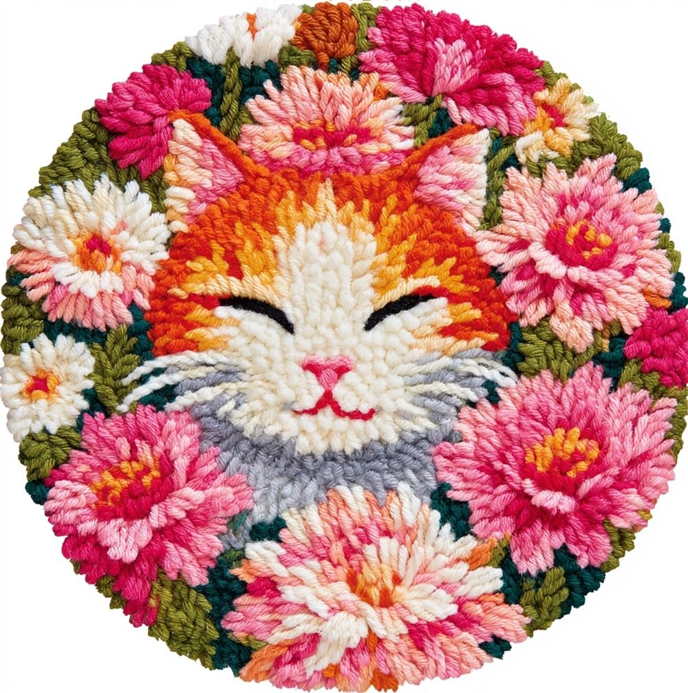 kitphoenix Rug DIY Crafts Yarn Carpet Round Shape Smiling Cat and Flowers