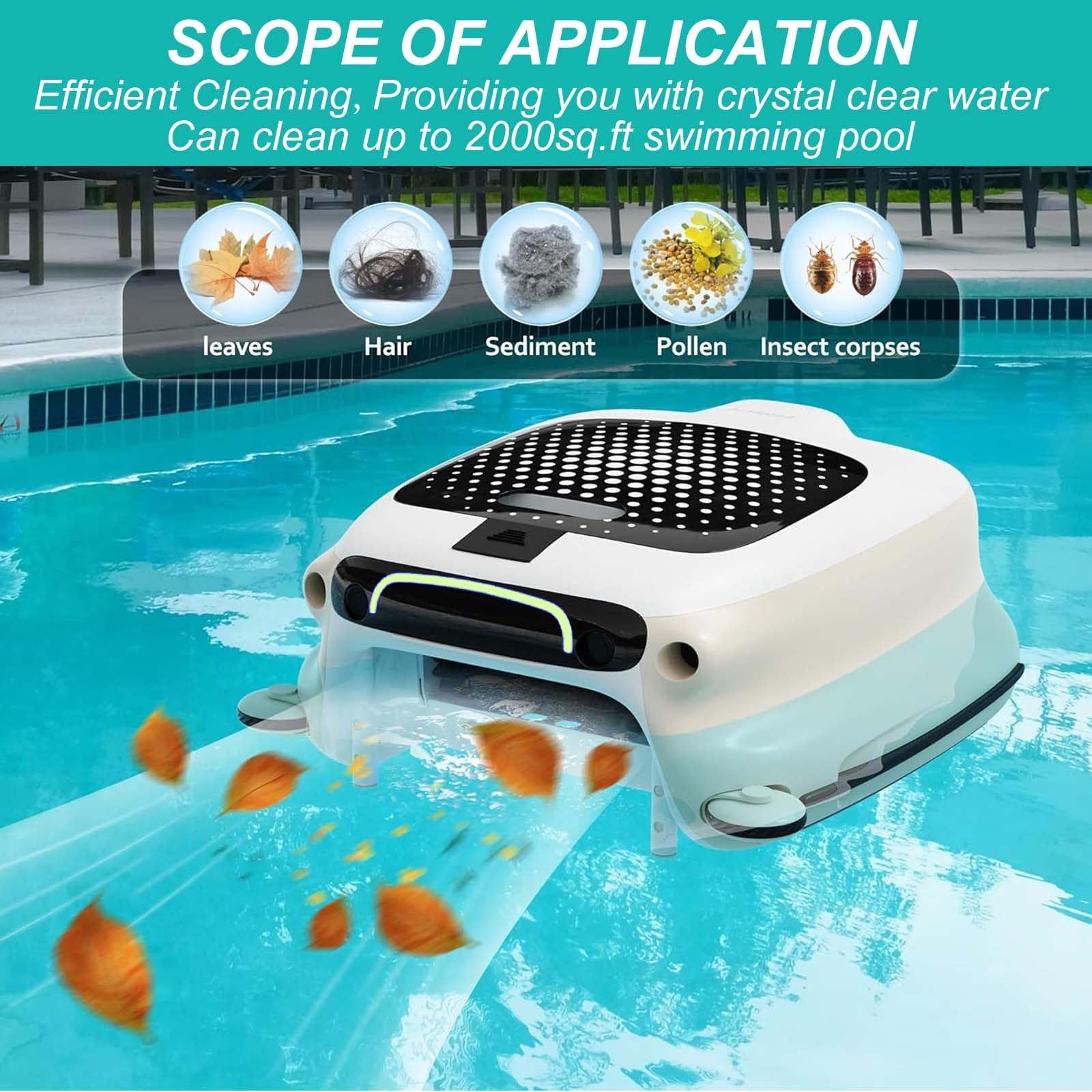Pulitore A Skimmer Galleggiante per Piscine Fuori Terra/Interrate, Aspirapolvere Automatico per Piscine con Ricarica, con Cestino da 10 Litri