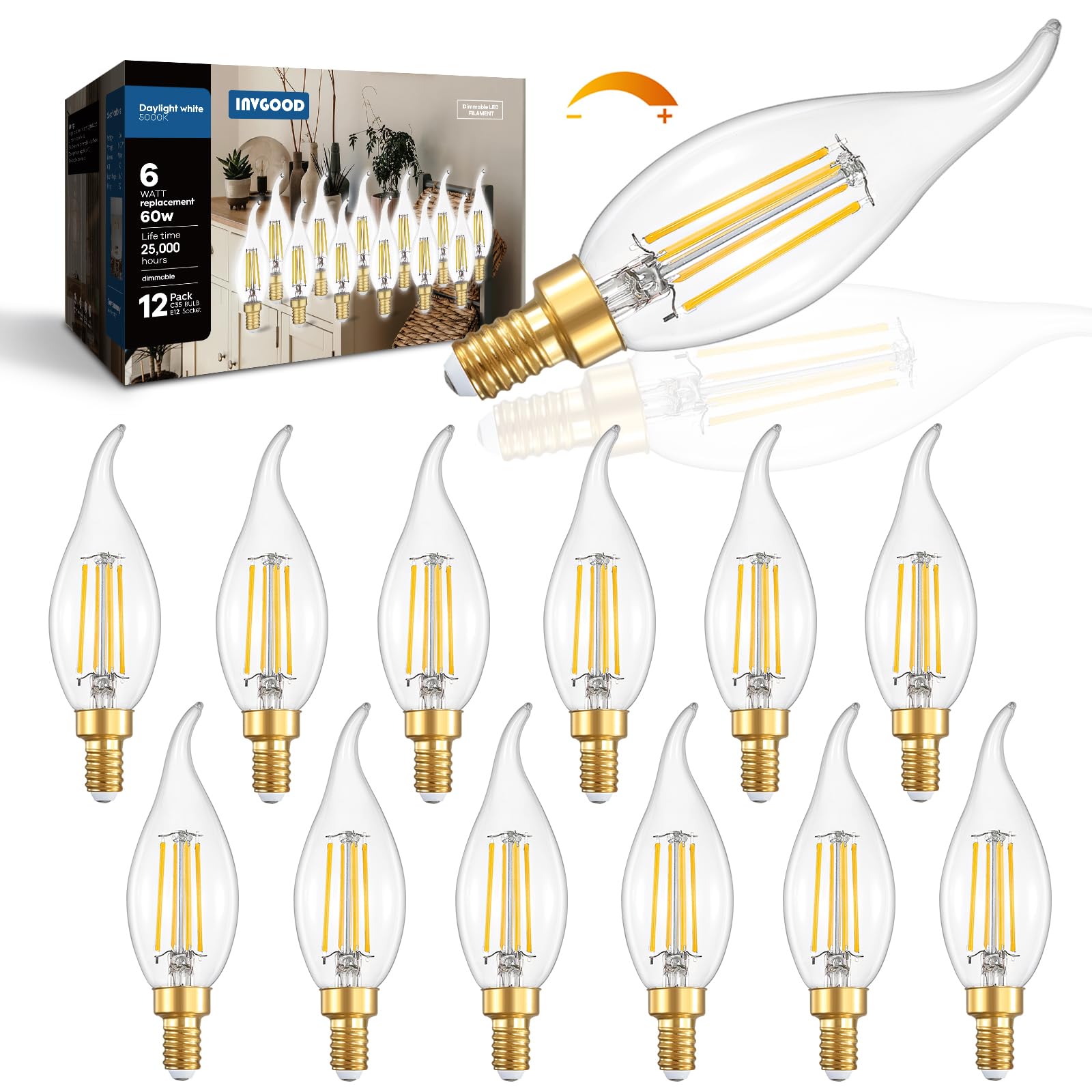 IINVGOOD 12 Packs Dimmable Candelabra LED Bulbs 60 Watt, Dimmable 700LM Chandelier Light Bulbs, 6W Flame Tip Candle Light Bulbs, 5000K Daylight White,