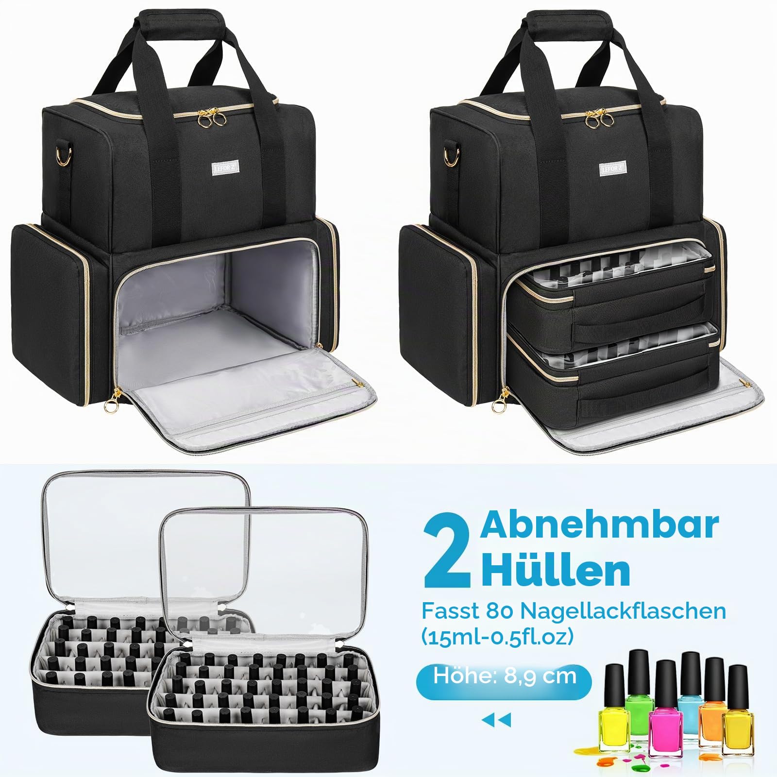 Nagellack Tasche Doppelschichtige Aufbewahrung Organizer für 80 Flaschen 15 ml Nagellampe Schwarz