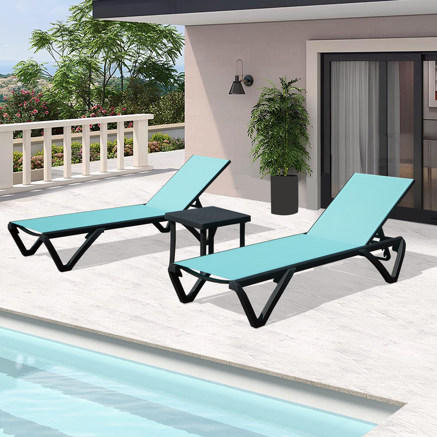 Domi Pool Lounge Chairs Set of 3, Aluminum Chaise Lounge Outdoor with Side Table, Patio Beach Lounge Chair for Outside 5 Position Adjustable & Wheels,