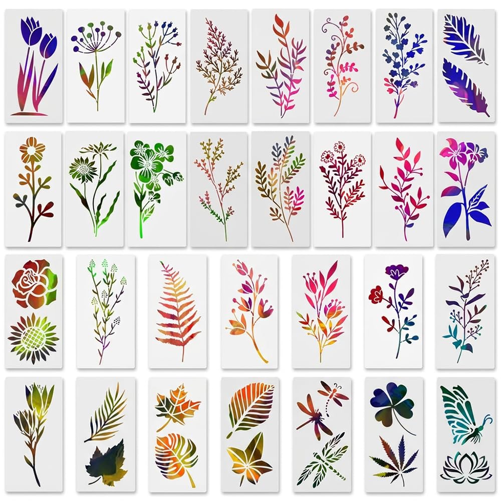 30 Pcs Floral Stencils Botanical Painting Templates Reusable Leaf Drawing Stencil Flexible PET Plastic for Adults Professional DIY Crafts Canvas Art Furniture Upcycling Wedding Decor Crafting Supplies