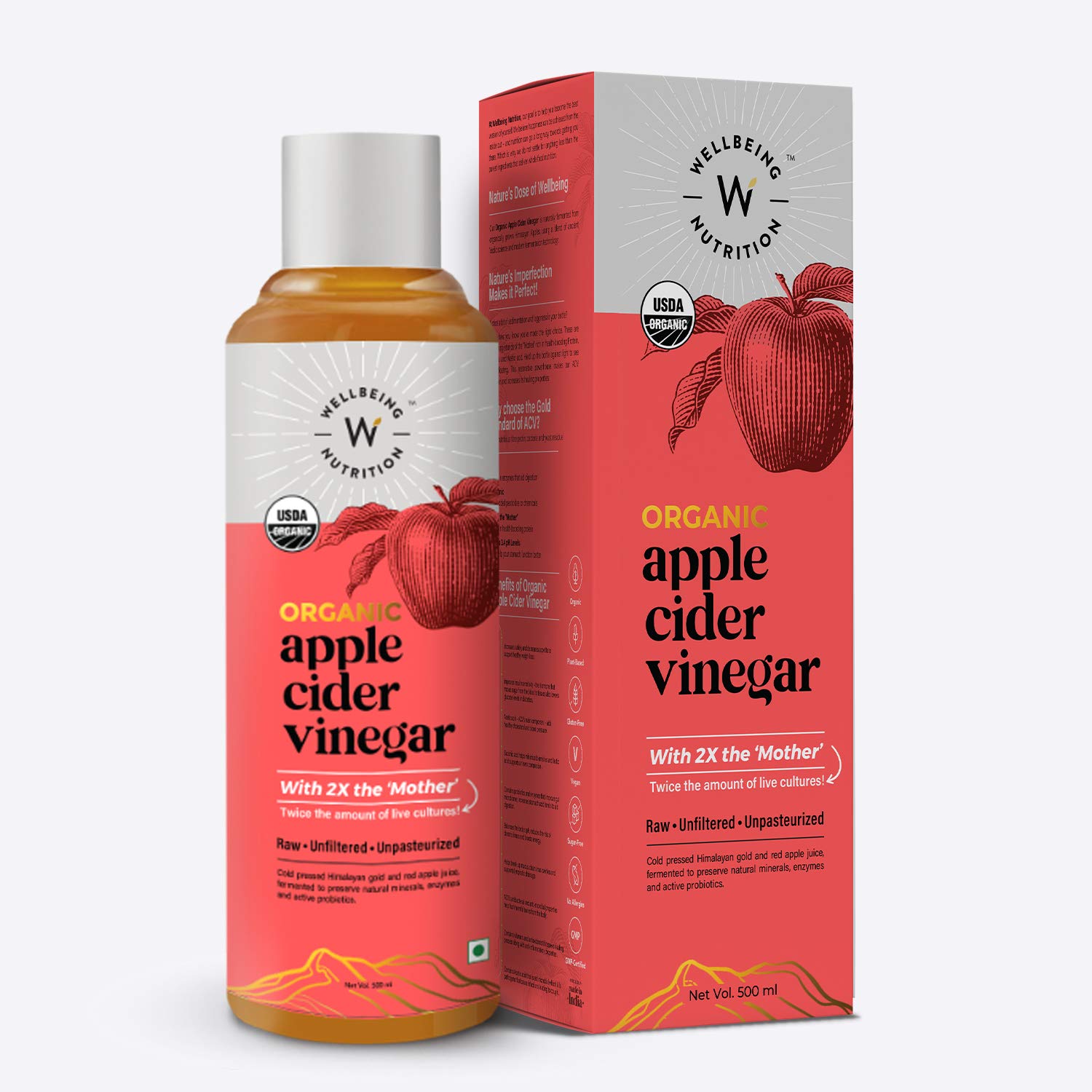 Wellbeing Nutrition Organic Himalayan Apple Cider Vinegar (ACV) with Mother of Vinegar | 2X Strands of Probiotic and Enzymes | Raw, Unfiltered, Unpasteurized | 500ml - Image 7 thumbnail