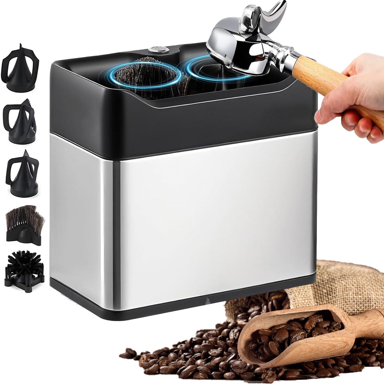 Limpiador de portafiltros eléctrico, máquina automática para Limpiar posos de café, con 3 raspadores y 2 Cabezales de Cepillo, 3 l, 300 RPM para portafiltros de café de 51 mm y 58 mm Silver