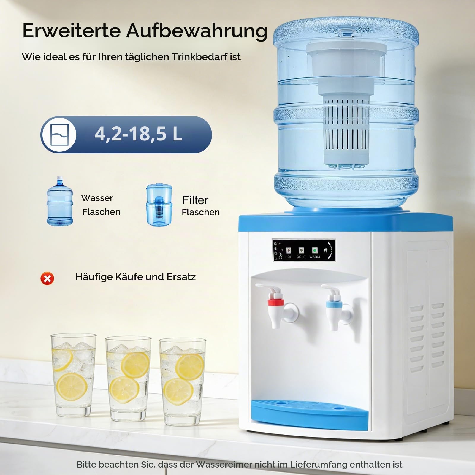 550W Heiß und Kalt Wasserspender, 220V Elektrischer Tischwasserspender, für 5-18L Wasserflaschen, mit Kontrollleuchten und Abnehmbarer Tropfschale, Ideal für Büro, Zuhause und Küche