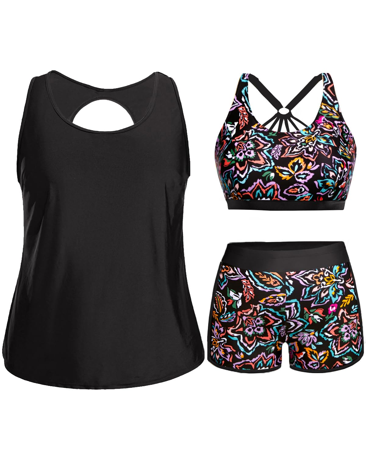 Holipick Women Plus Size Swimsuits - Athletic 3 Piece Tankini with Shorts