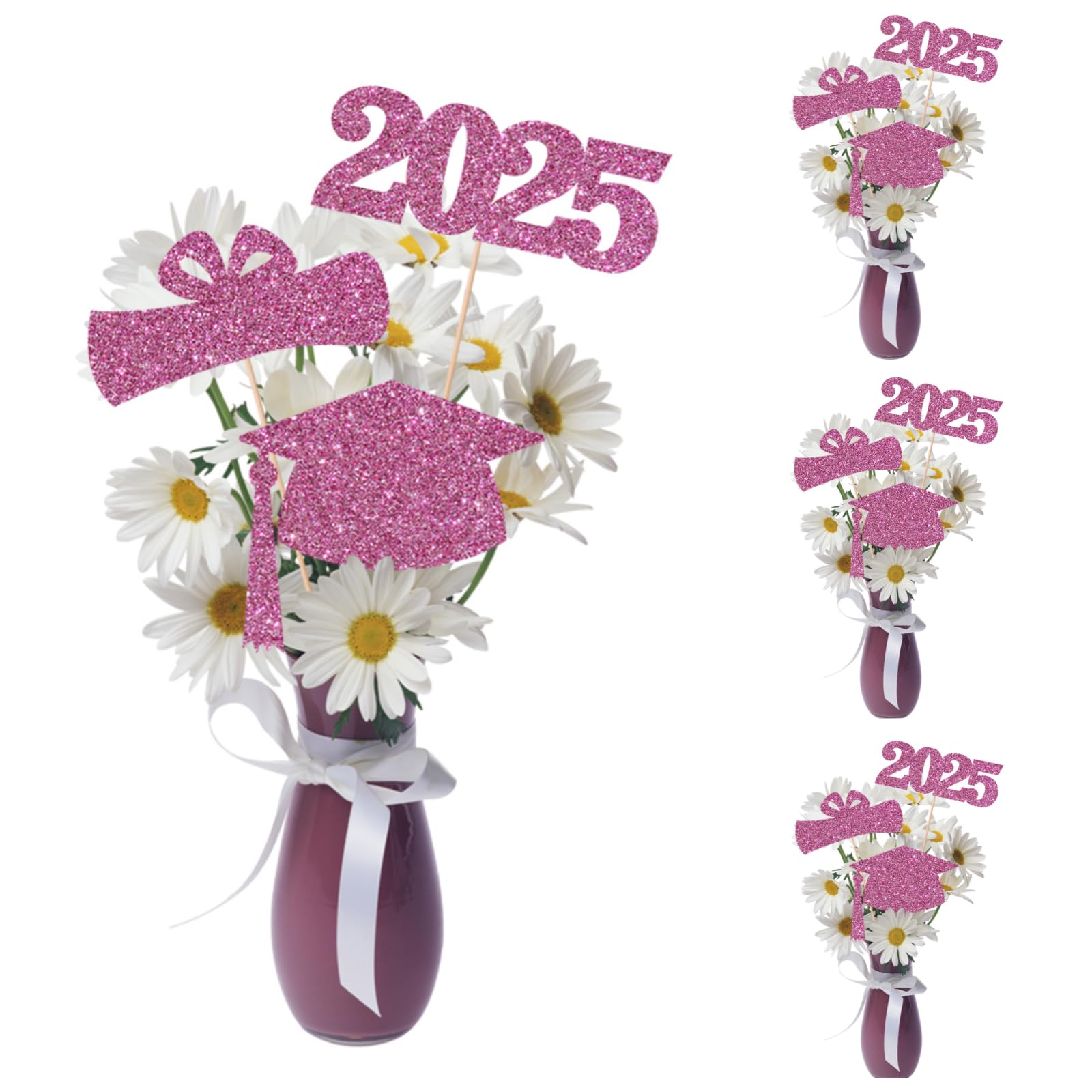2025 Graduation Centerpieces for Tables Toppers 12PCS Glitter Cutouts Cap Sticks Vase Decor Confetti Class for College Graduation Supplies (Rose Gold)