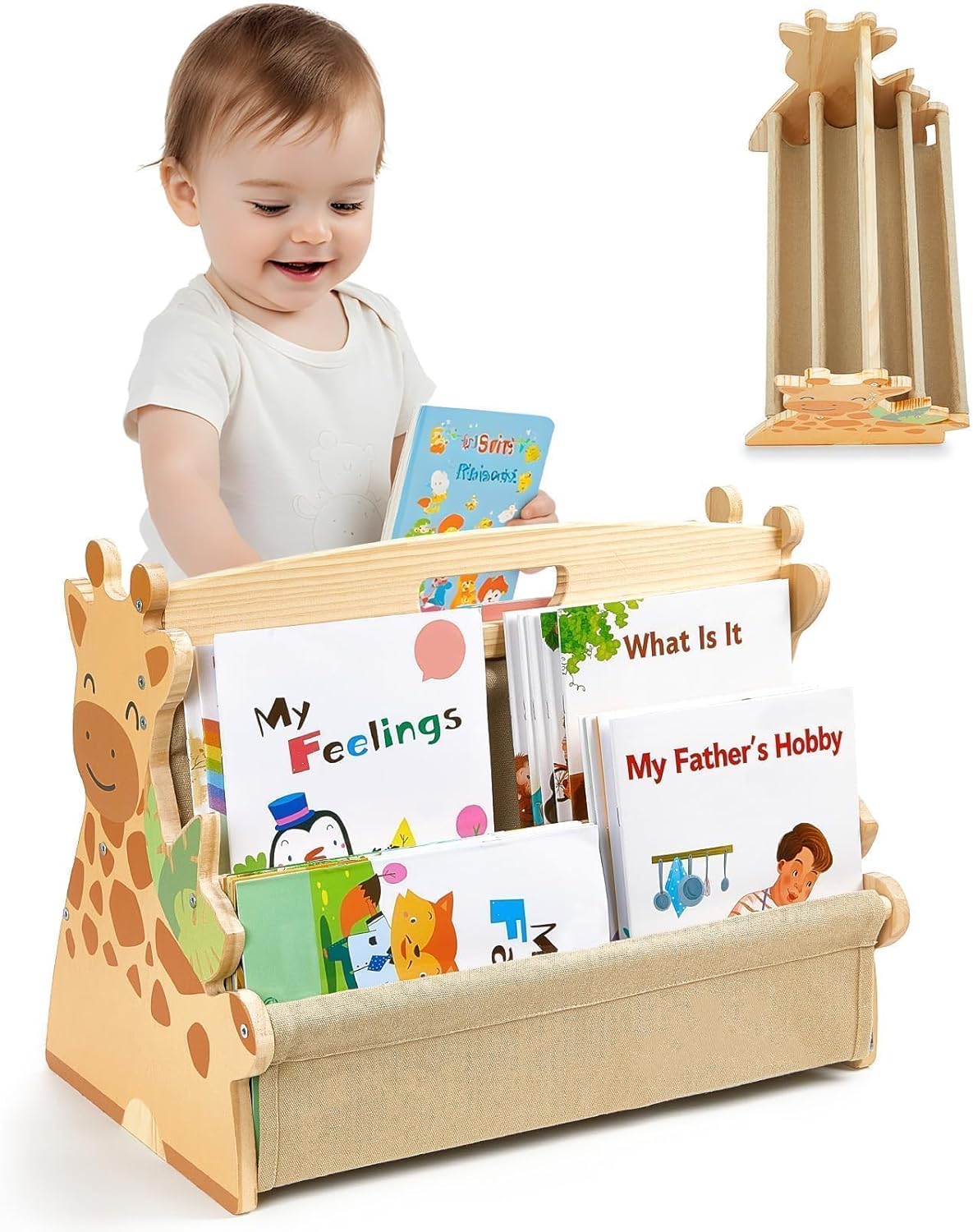 Kids Organization DoubleSided Toddler Bookshelf with Deep Sleeves in Light Wood Giraffe Theme