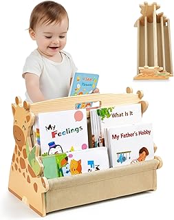 Toddler Bookshelf Double-Sided with 4 Tier Deep Sleeves Kids Wooden Montessori Book Rack for