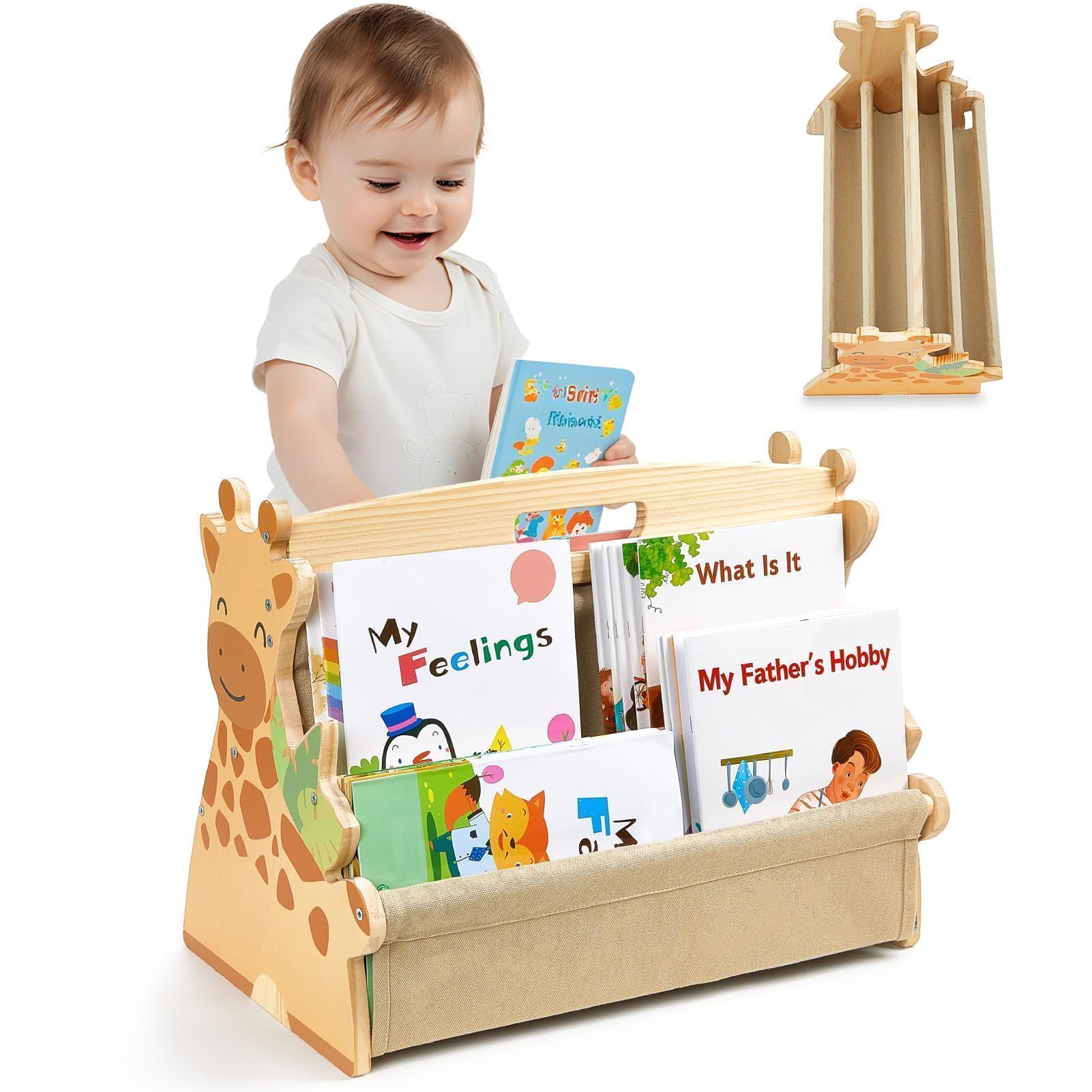 Toddler Bookshelf Double-Sided with 4 Tier Deep Sleeves Kids Wooden Montessori Book Rack for Baby Nursery Room, Playroom, Classroom or Bedroom Bookcase Storage Organizer, Light Wood Giraffe