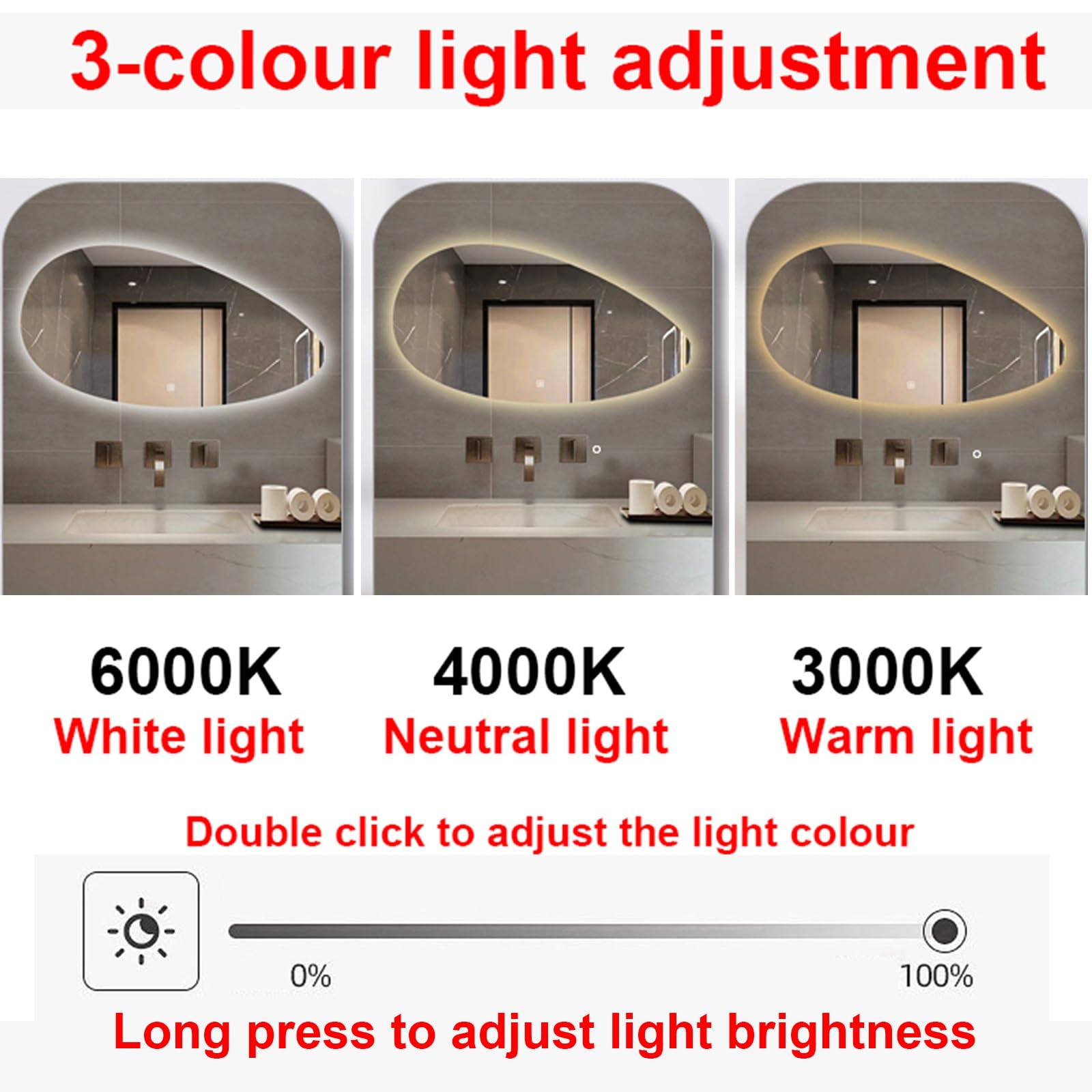 Specchio Ovale Irregolare Illuminato, Specchio da Parete per Bagno, 50X80CM/60X90CM/60X100CM Specchio cosmetico Asimmetrico con Luci a LED, Dimmerabile, Funzione di Memoria (Size : 50x80cm)