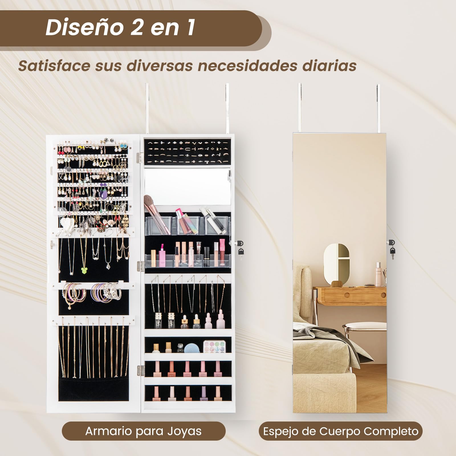 COSTWAY Armario Joyero con Espejo de Cuerpo Completo y Espejo de Maquillaje Blanco