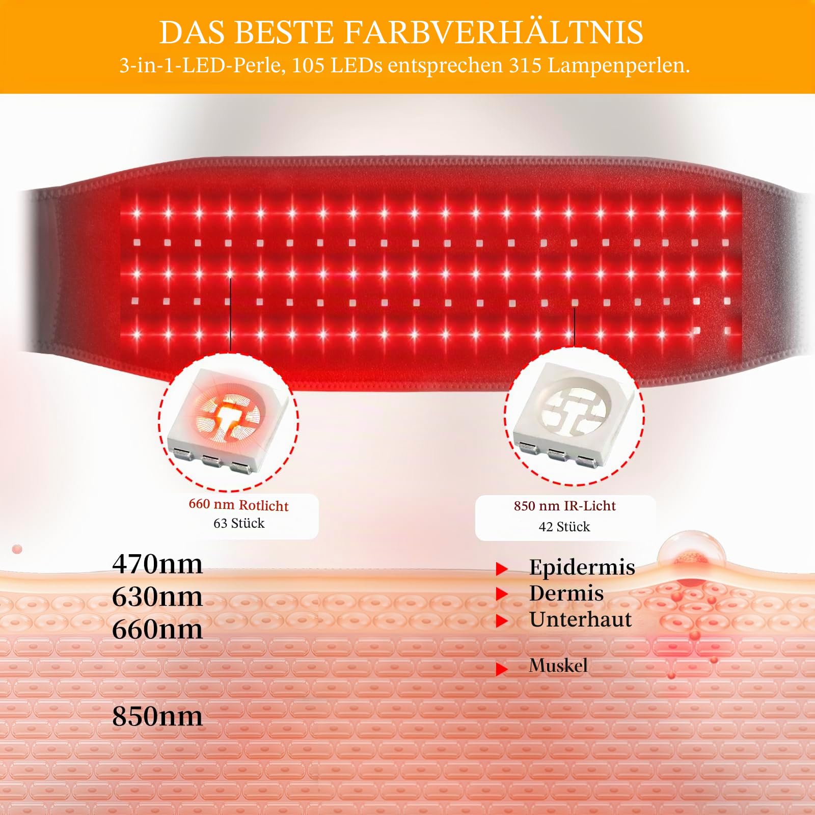 Rotlichtgürtel Infrarotlampe Rotlichtlampe Gürtel 105 LEDs mit Timer Geeignet für Rücken, Schultern und Taille (schwarz)