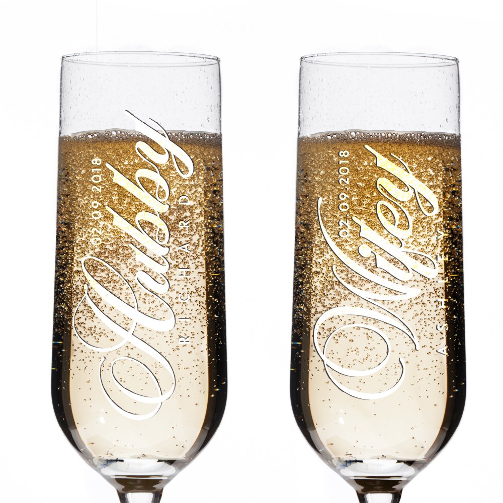 Set of 2 Hubby & Wifey Personalized Champagne Flutes for Couples Anniversary Party Celebration Gifts | Custom Toasting Champagne Glasses w Names & Date - Free Engraving - #D8