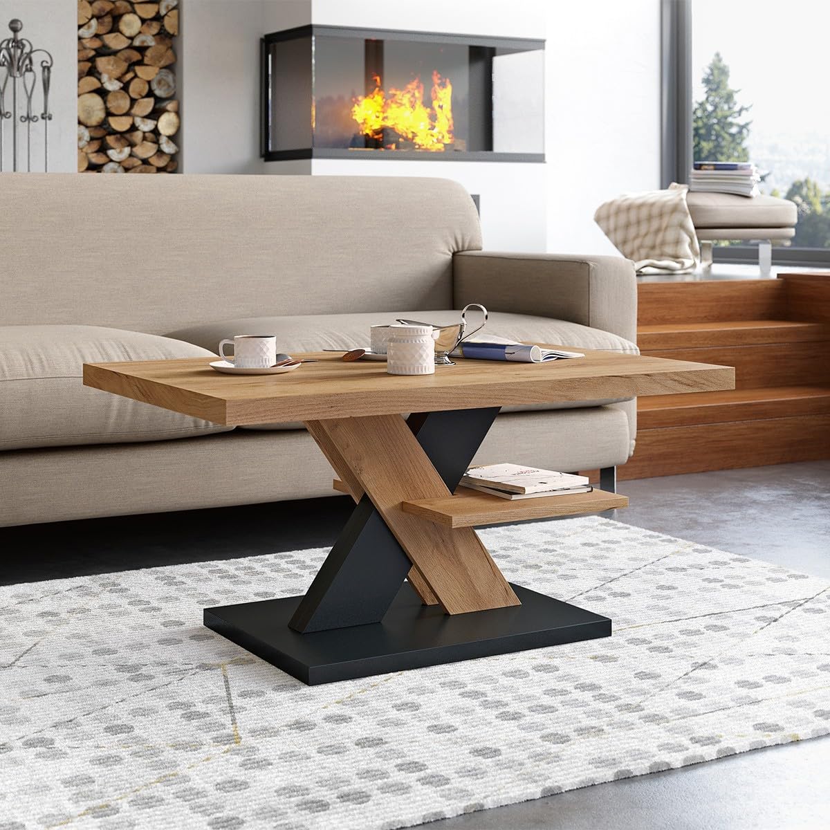 Viosimc Couchtisch, Moderner Wohnzimmertisch, Modern Möbel Wohnzimmer, Kaffeetisch, Sofatisch mit Großer Ablage, Beistelltisch für Tee und Kaffee – Coffee Table for Living Room - Eiche & Schwarz