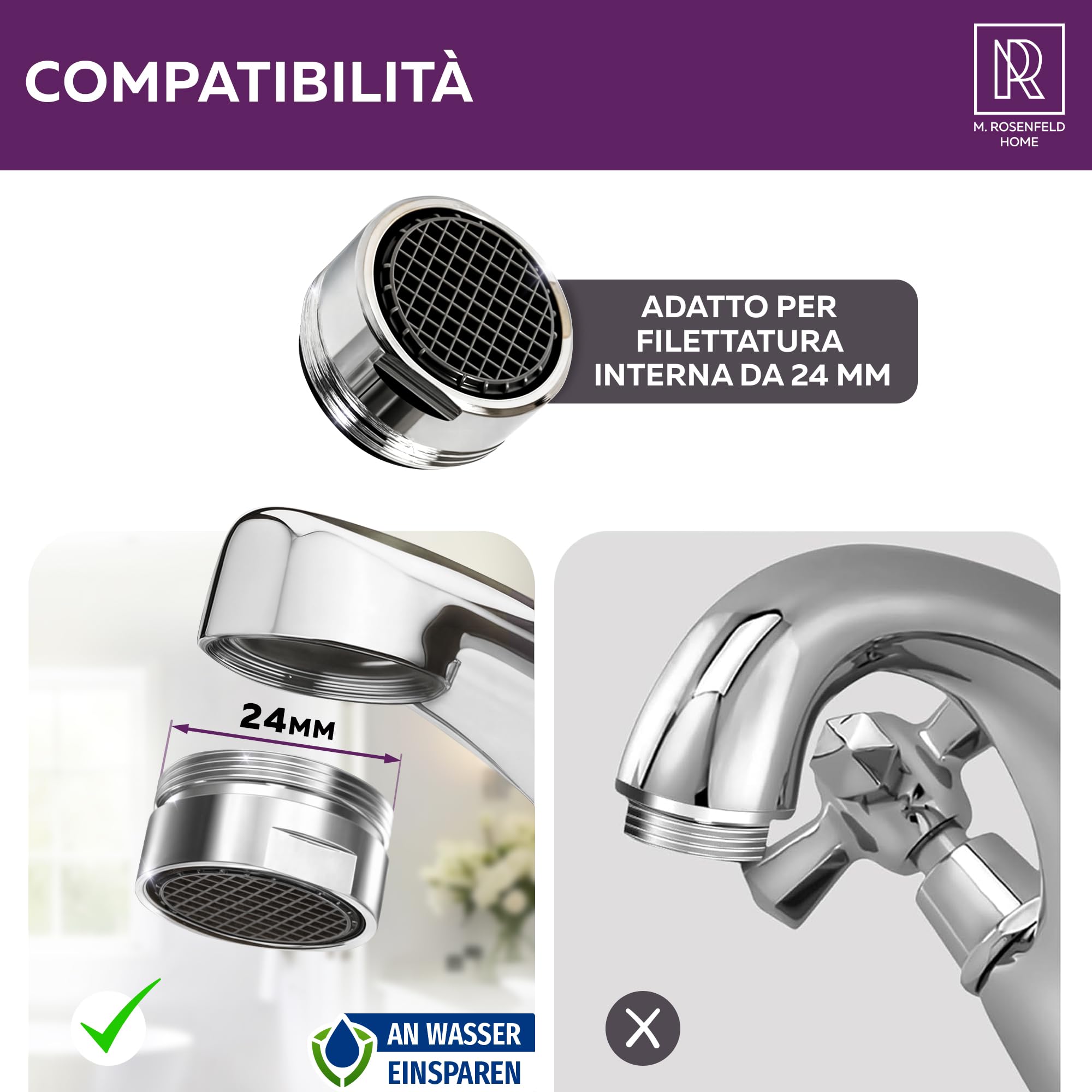 Prodotto Italiano - Rompigetto Rubinetto Cucina M24 - Aeratore per Rubinetto High-Tech - Risparmio Idrico e Filtrazione - Flusso d'Acqua 5 L/min - Anticalcare per Rubinetti da Cucina e Bagno