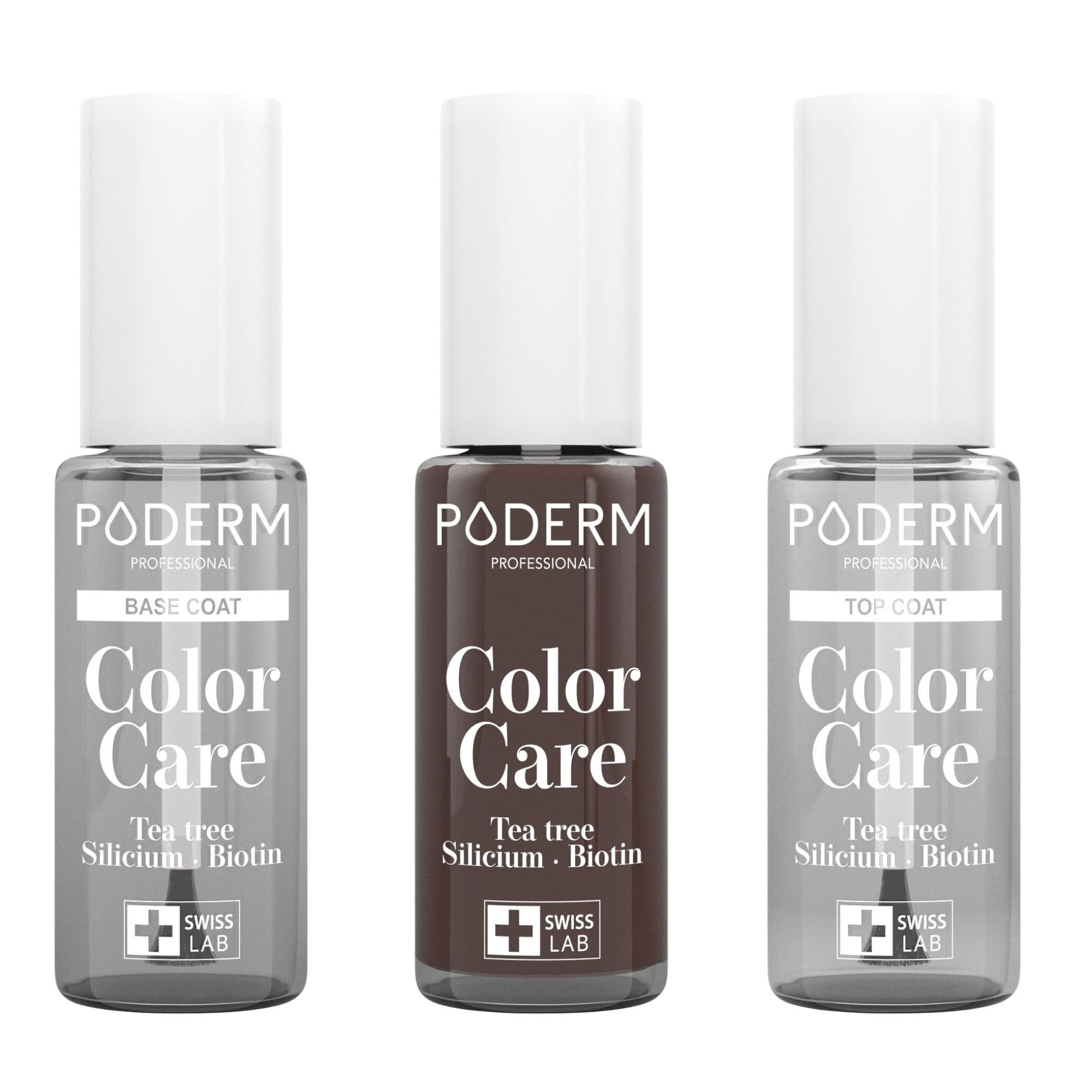 PODERM - LOT 3 PRODUITS | SOIN VERNIS PROFESSIONNEL COMPLET | Base Coat + Top Coat + Vernis Brun TEA TREE | Prévention & Traitement des Ongles Jaunes/Abîmés | SOIGNE & COLORE | Swiss Made