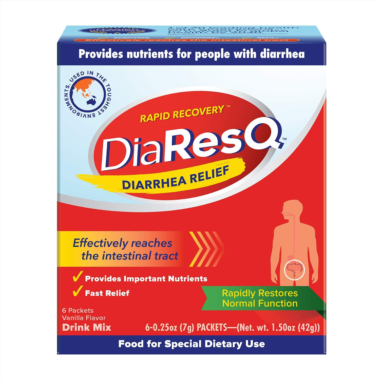 - DiaResQ Diarrhea & Immune Support Colostrum Drink Mix for Adults, 6 Ct, Rapid Recovery, Helps Restore Normal Intestinal Function, Vanilla Flavor