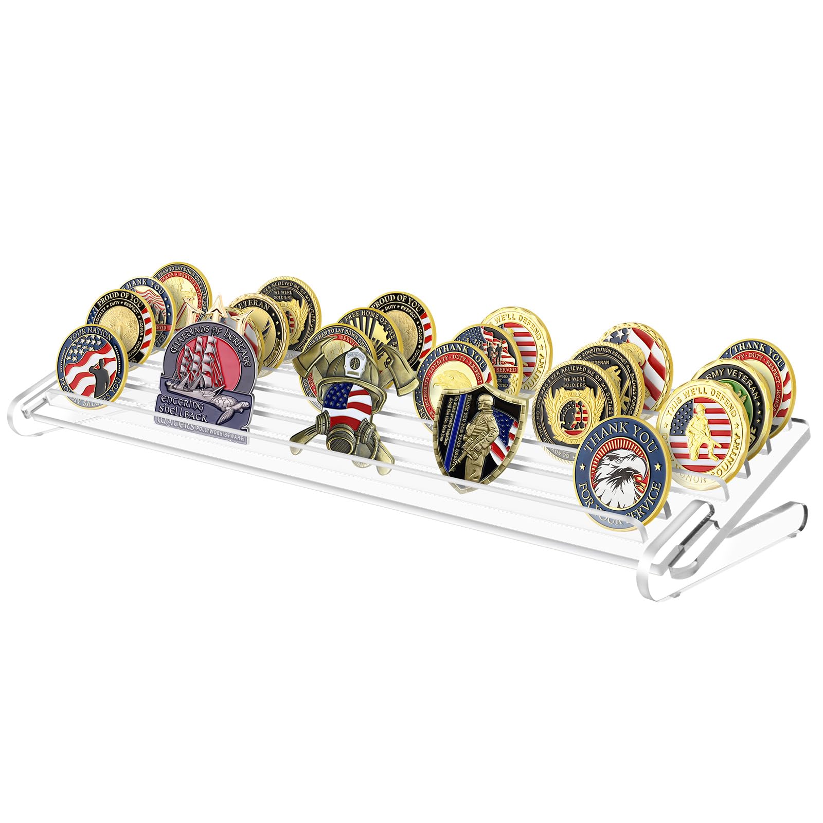Challenge Coin Display Stand 5 Row Acrylic Holder Rack Case Holds 28 Coins Shelf, Great for Unusual Shaped Challenge, Oversized Odd Shaped Military, Thicker, Oversized Battalion Shield Coin with Angle