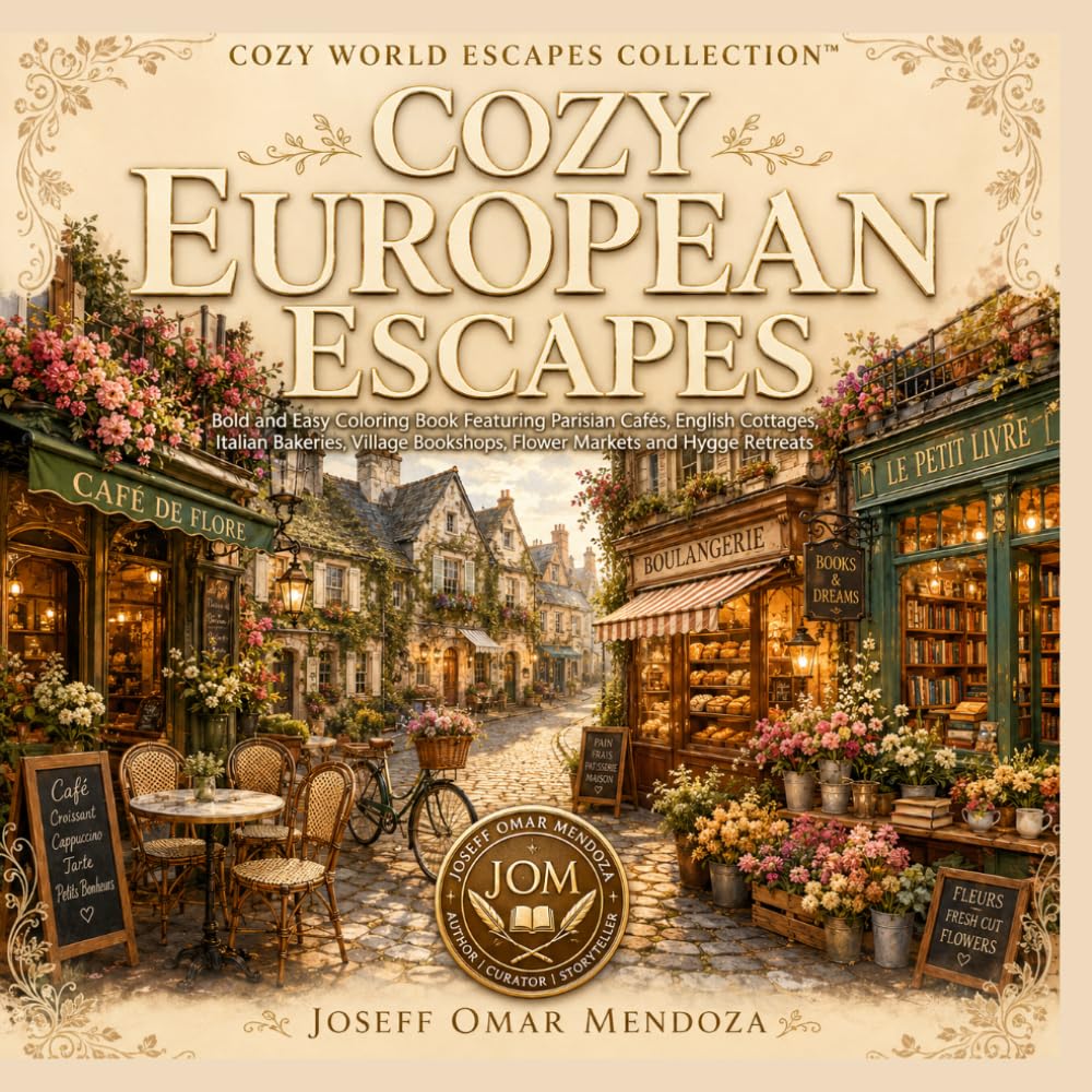 Cozy European Escapes: Bold and Easy Coloring Book Featuring Parisian Cafés, English Cottages, Italian Bakeries, Village Bookshops, Flower Markets and Hygge Retreats (Cozy World Escapes Collection)