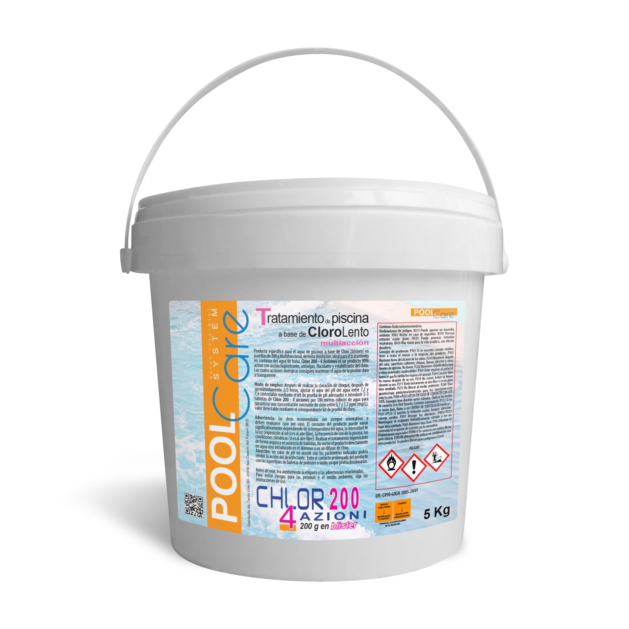 Pool Care CHLOR 200 4 Azioni, Cloro Multiazione in Pastiglie da 200gr - 5KG | Multifunzione, Attivo al 90%, a Lenta Dissoluzione, per la manutenzione dell'acqua di Piscina