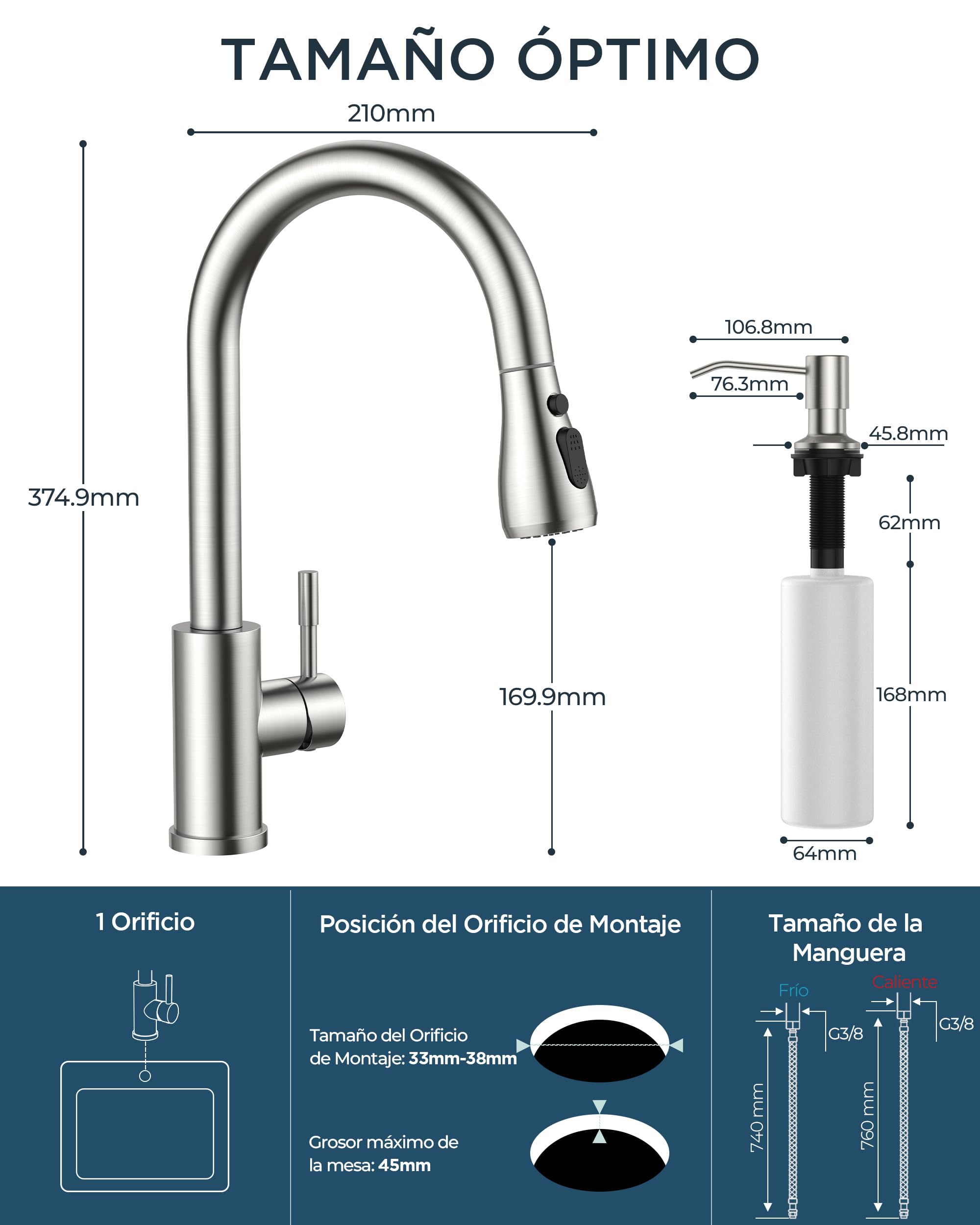 FORIOUS Grifo cocina con dispensador de jabón, Grifo Cocina Extraíble con 2 modos de rociado, mezclador monomando para agua caliente y fría, Acero Inoxidable
