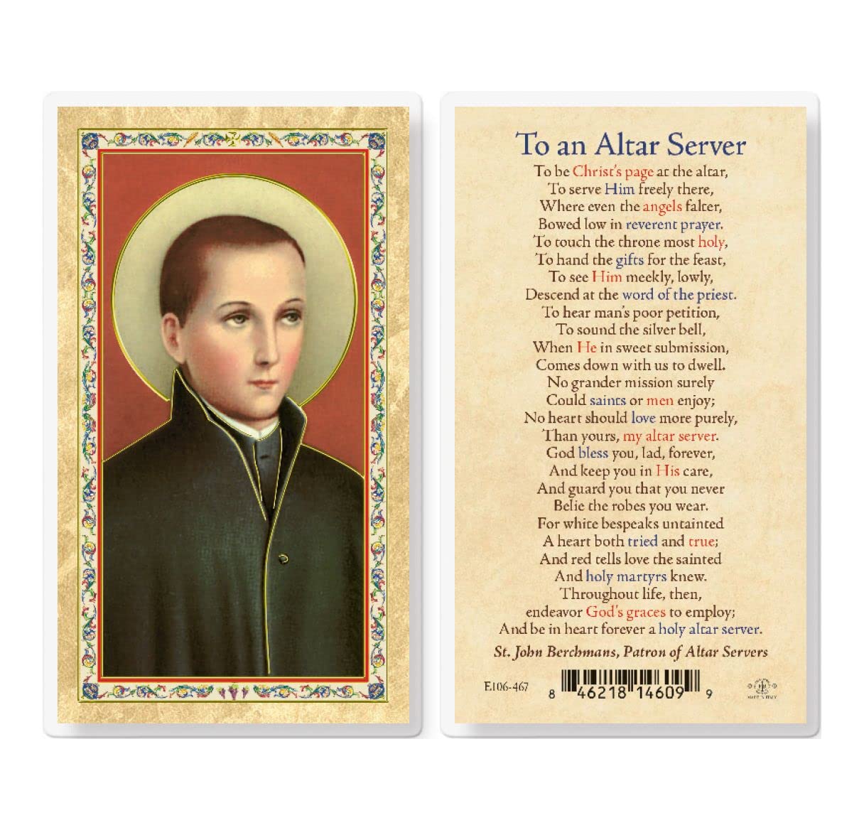 to an Altar Server, St. John Berchman Gold Stamped Laminated Holy Cards, 25-Count Value Pack