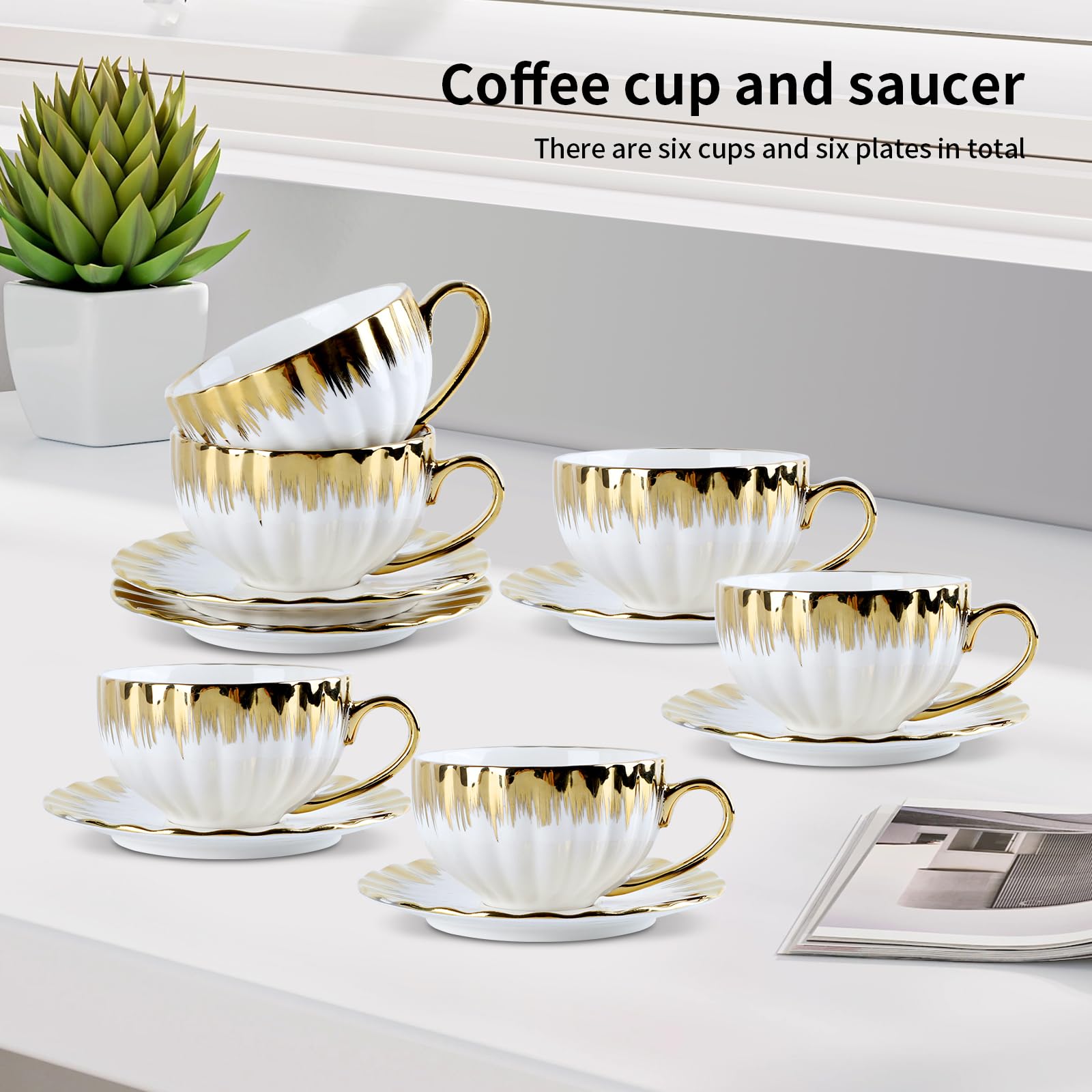 Teetassen und Untertassen, 6er Set (200 ml) mit Goldrand, Porzellan Cappuccino Tasse set, Mochatassen, Keramik Espressotasse, Kaffeeservice, Weiße Tasse