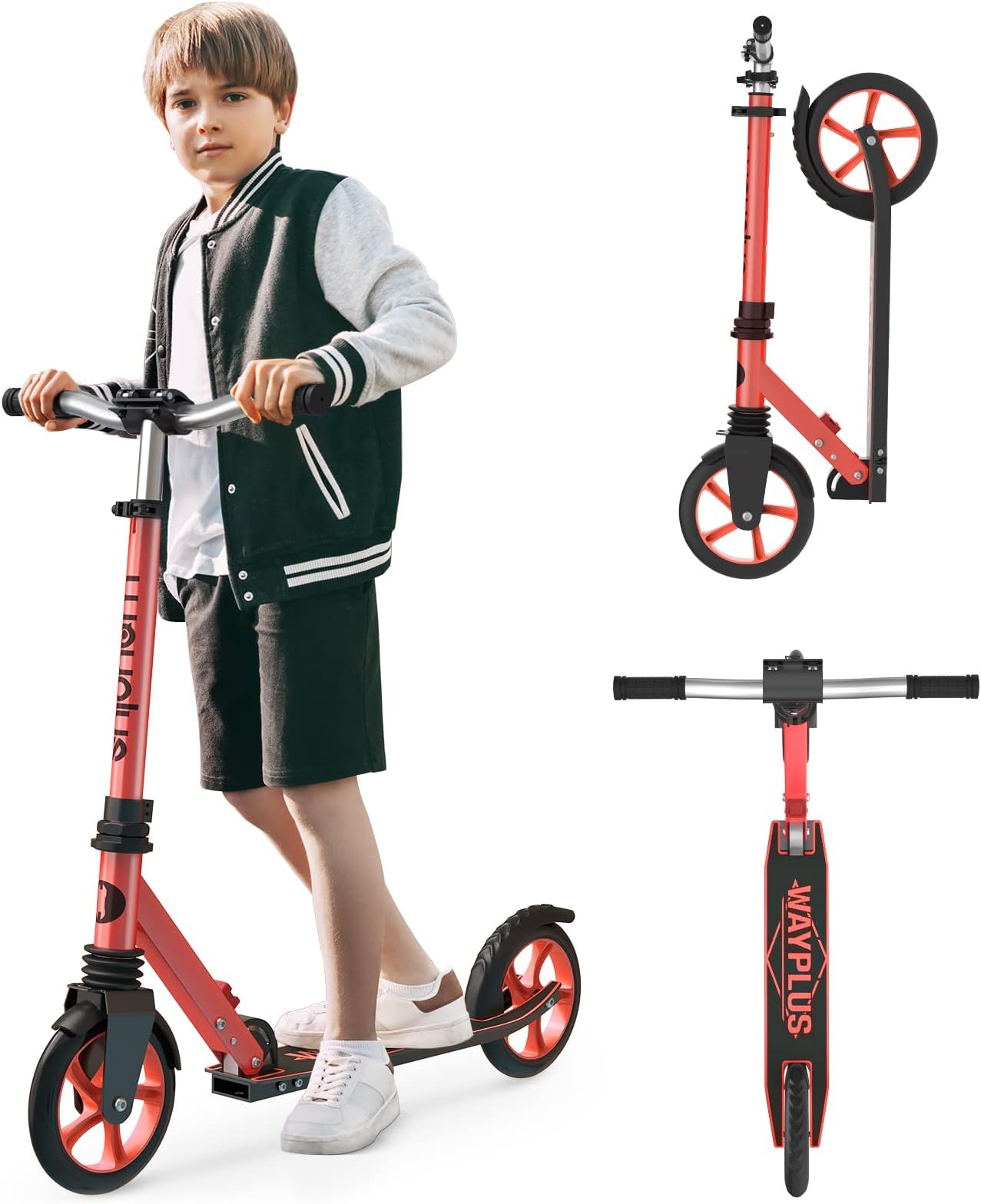 WAYPLUS KS1 Kick Scooter for Ages 6+,Kid, Teens & Adults. Max Load 240 LBS. Foldable, Lightweight, 8IN Big Wheels for Kids, Teen and Adults, 4 Adjustable Levels. Bearing ABEC9 FED Fitness