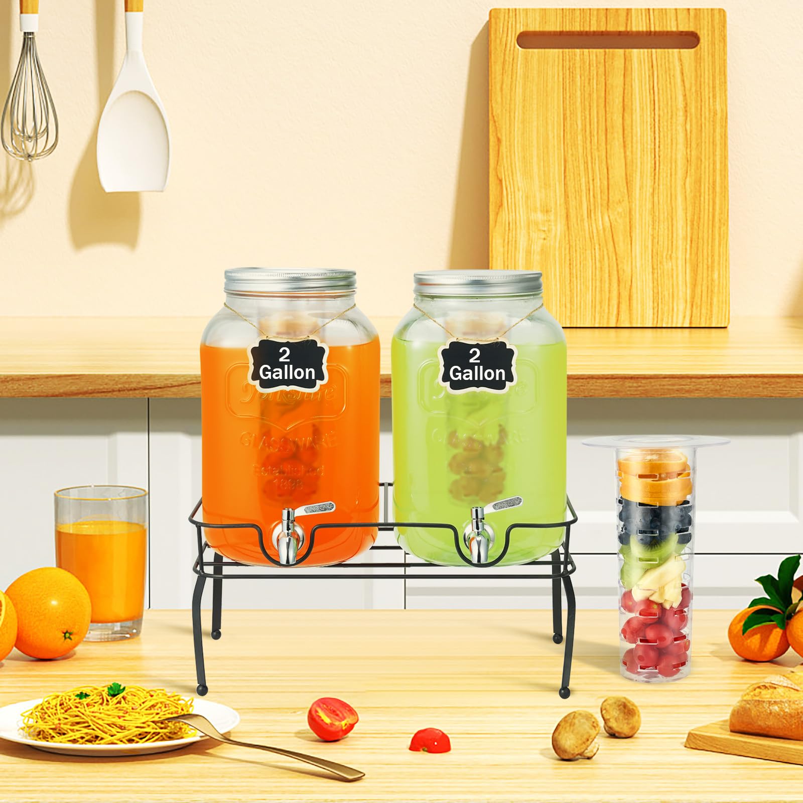 Dispensador de bebidas de vidrio de 2 galones con soporte e infusor de frutas, espiga de acero inoxidable, dispensadores de bebidas de vidrio para fiestas, dispensadores de bebidas con tapas para