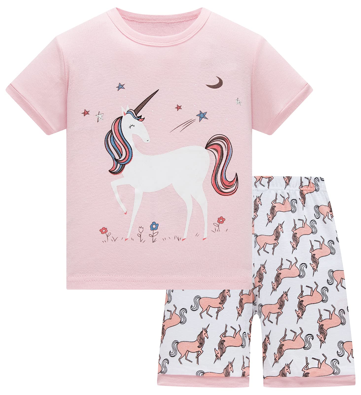 Colobe Pijamas Niña Verano Unicornio Algodon Infantil Manga Corta Ropa a Juego Conjunto Edad 1-12 Años