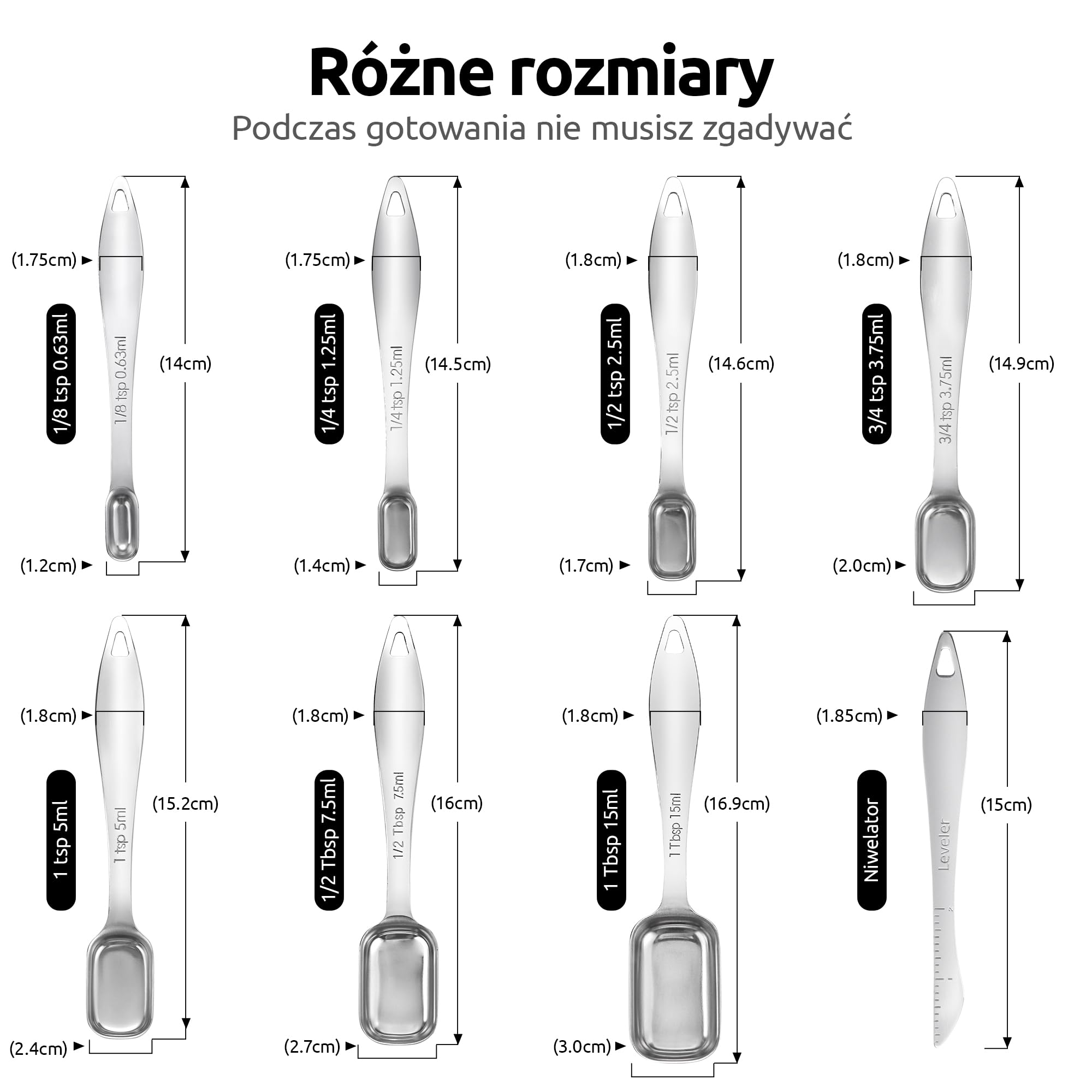 U-Taste Łyżki pomiarowe ze stali nierdzewnej 18/8, kwadratowa metalowa miarka łyżeczka do herbaty łyżka stołowa z niwelatorami do suchych lub płynnych składników, gotowanie pieczenie, pasuje do