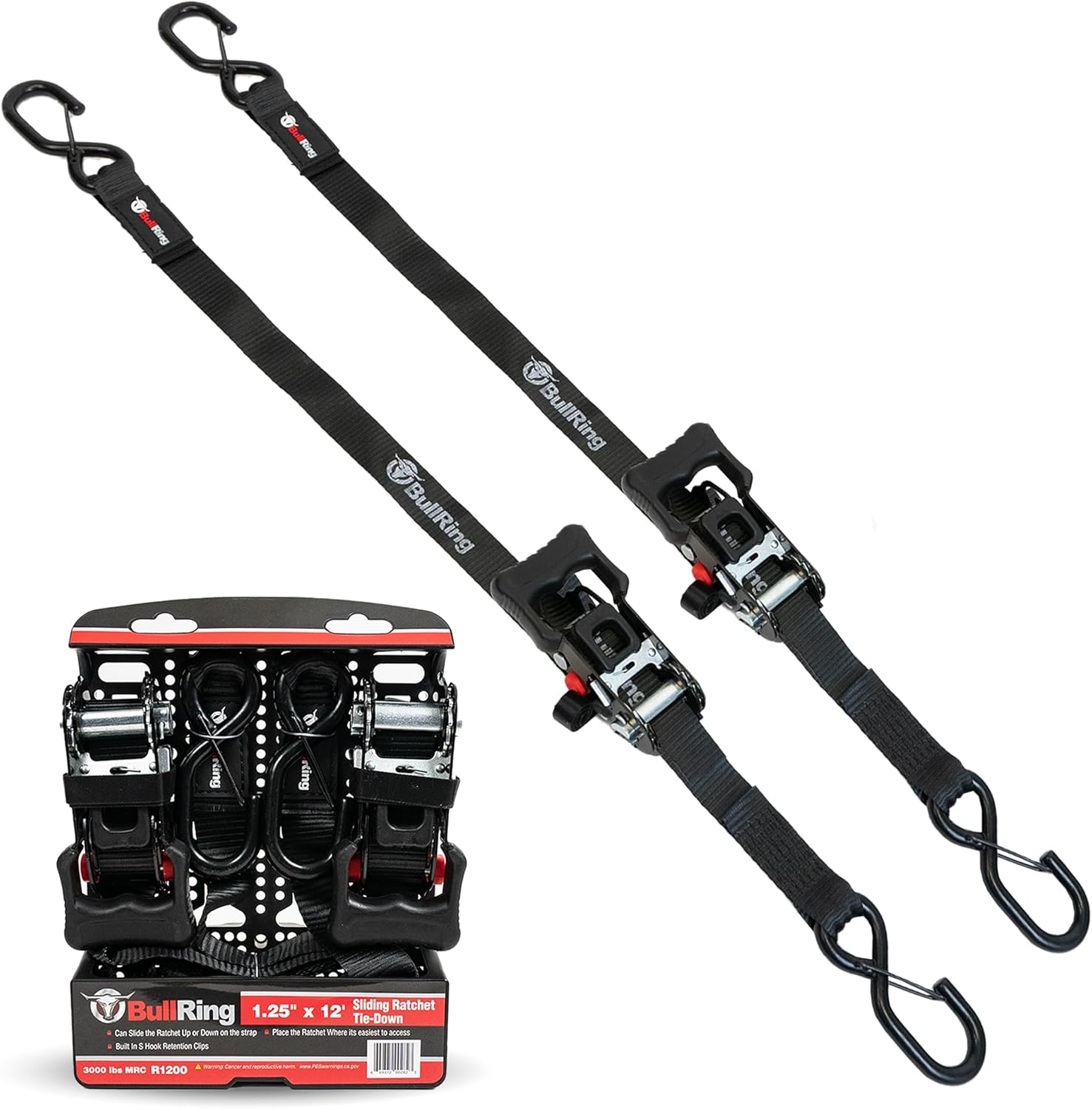 Bull Ring Sliding Ratchet Tie Down Straps – Includes (2) Heavy-Duty 1.25" x 12' Straps, 3,000lb Break Strength for UTV, Motorcycle, Car, Truck, Trailer (2 Pack)