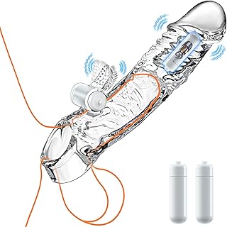 Vibrating Penis Sleeve Sex Toys - 3.5 inch Clear Penis Extender with Two Bullets, Realistic Penis Enlarger with Cock Ring, Reusable Penis Extension with Clitoral Stimulator, Male Sex Toy for Adult Men