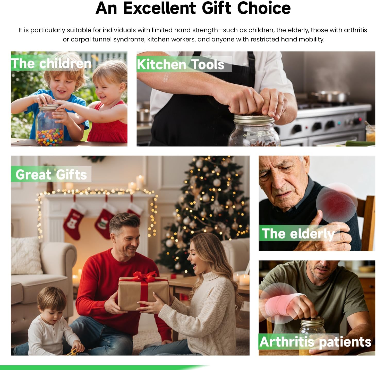 Jar & Bottle Opener Effortless Grip Jar Opener Opens All Size Lids, Reduces Hand Strain, Under Cabinet Option Ideal Kitchen Gift for Seniors & Weak Hands (Black)