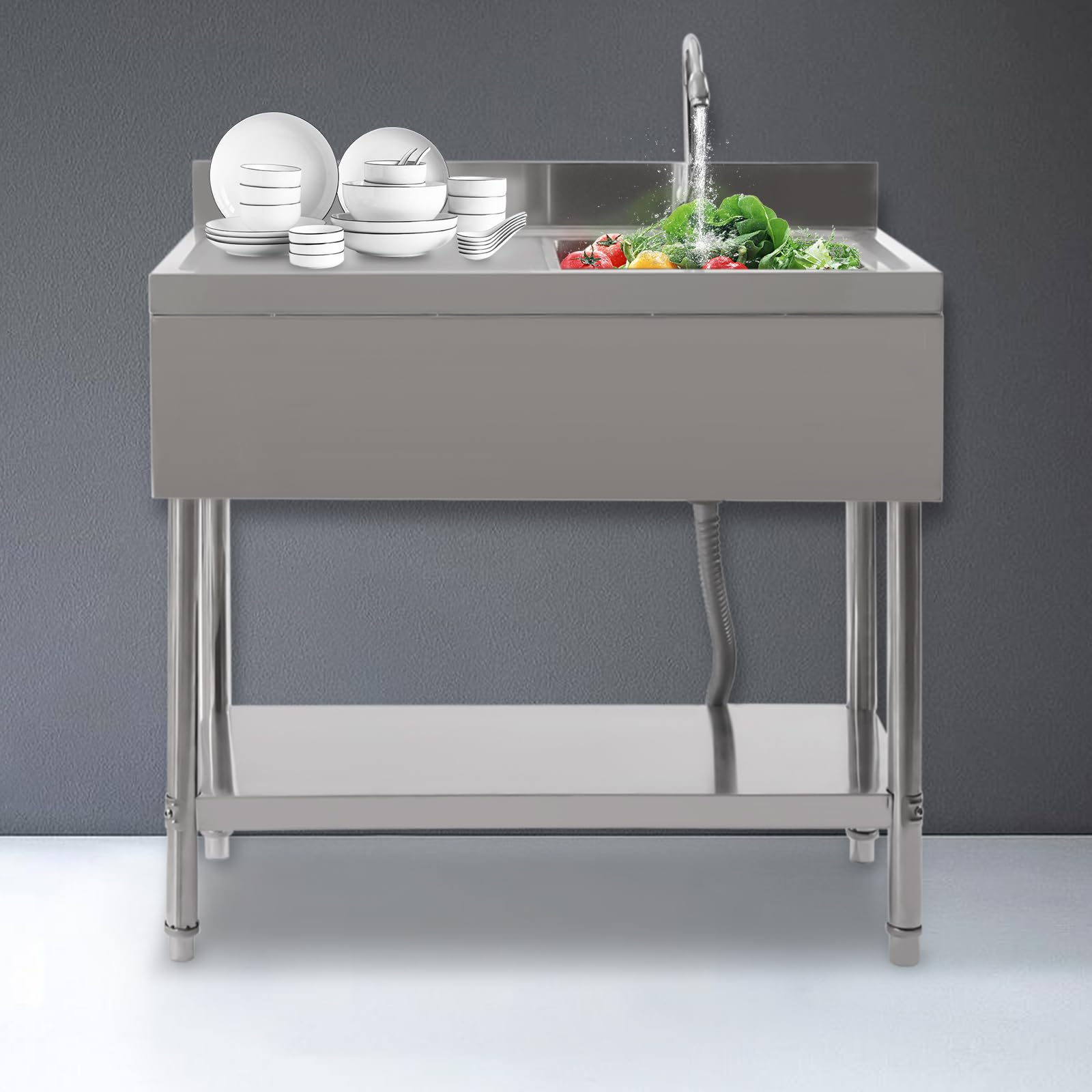 Edelstahlspüle mit 1 Becken (rechts) mit erhöhtem Boden, 100 x 60 x 80 cm, Küchenspüle, 1 Siebkorb und 1 Ablaufrohr für Zuhause, Restaurants, Badezimmer