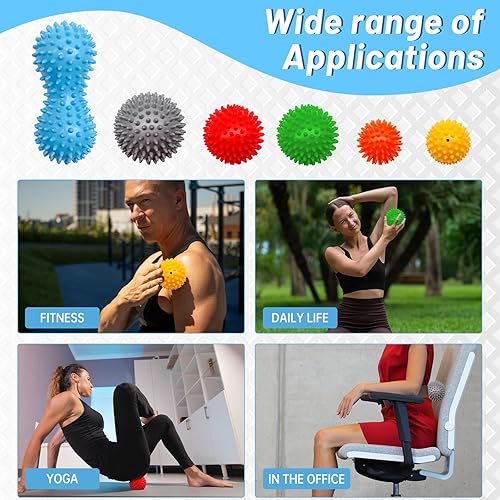 Miniatura 6 de Juego de 6 bolas de masaje con puntas, bolas de rodillo muscular con textura duramediasuave para alivio de la fascitis plantar, liberación