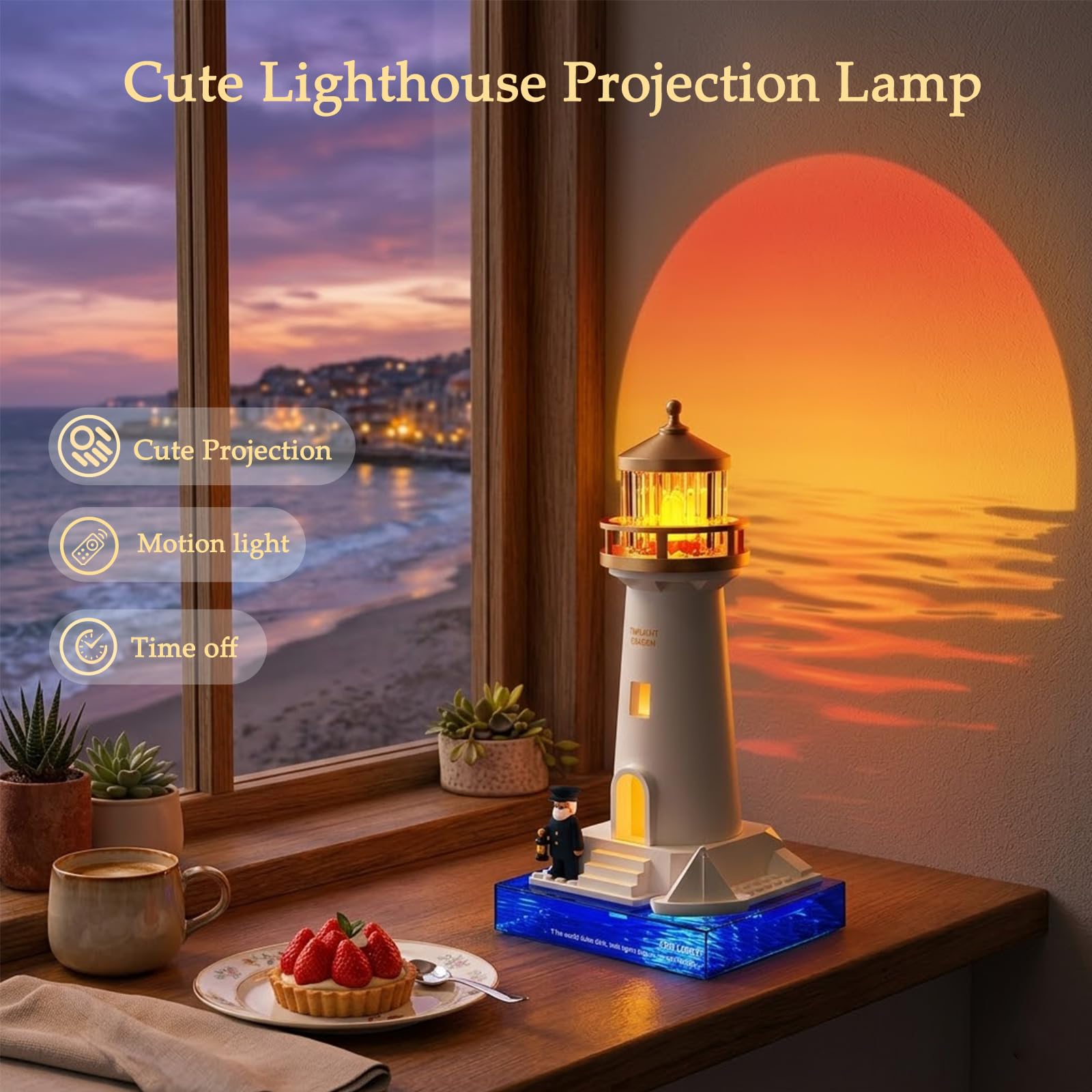 Luz nocturna de faro, lámpara de proyección recargable con control remoto, luna Saturno puesta de sol Aurora galaxia luz nocturna para decoración del hogar, regalo único