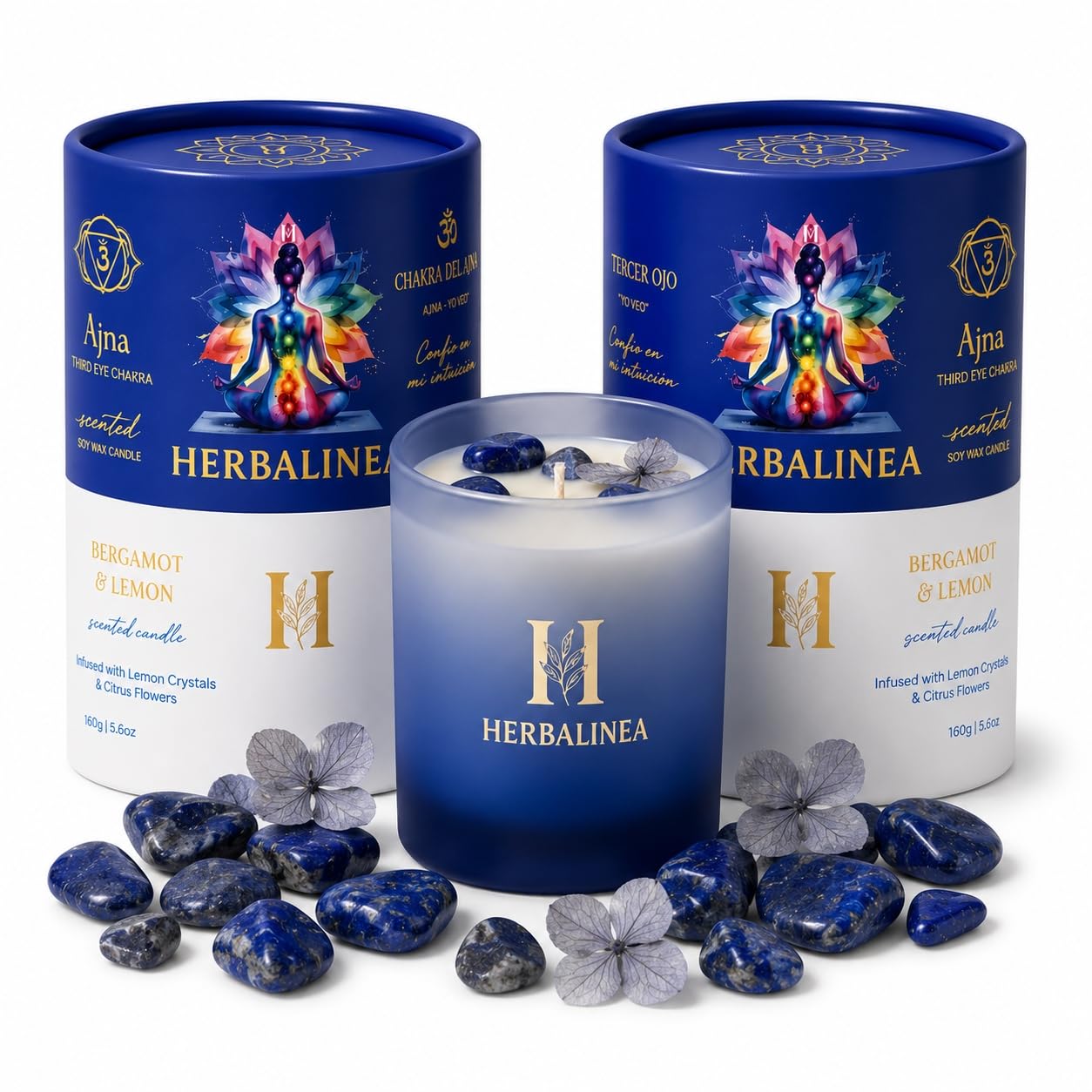 Candela profumata in 100% cera di soia con pietre naturali e fiori secchi, chakra del terzo occhio, candela profumata per meditazione, yoga e relax, decorazione zen, regalo originale per donna, 160 g